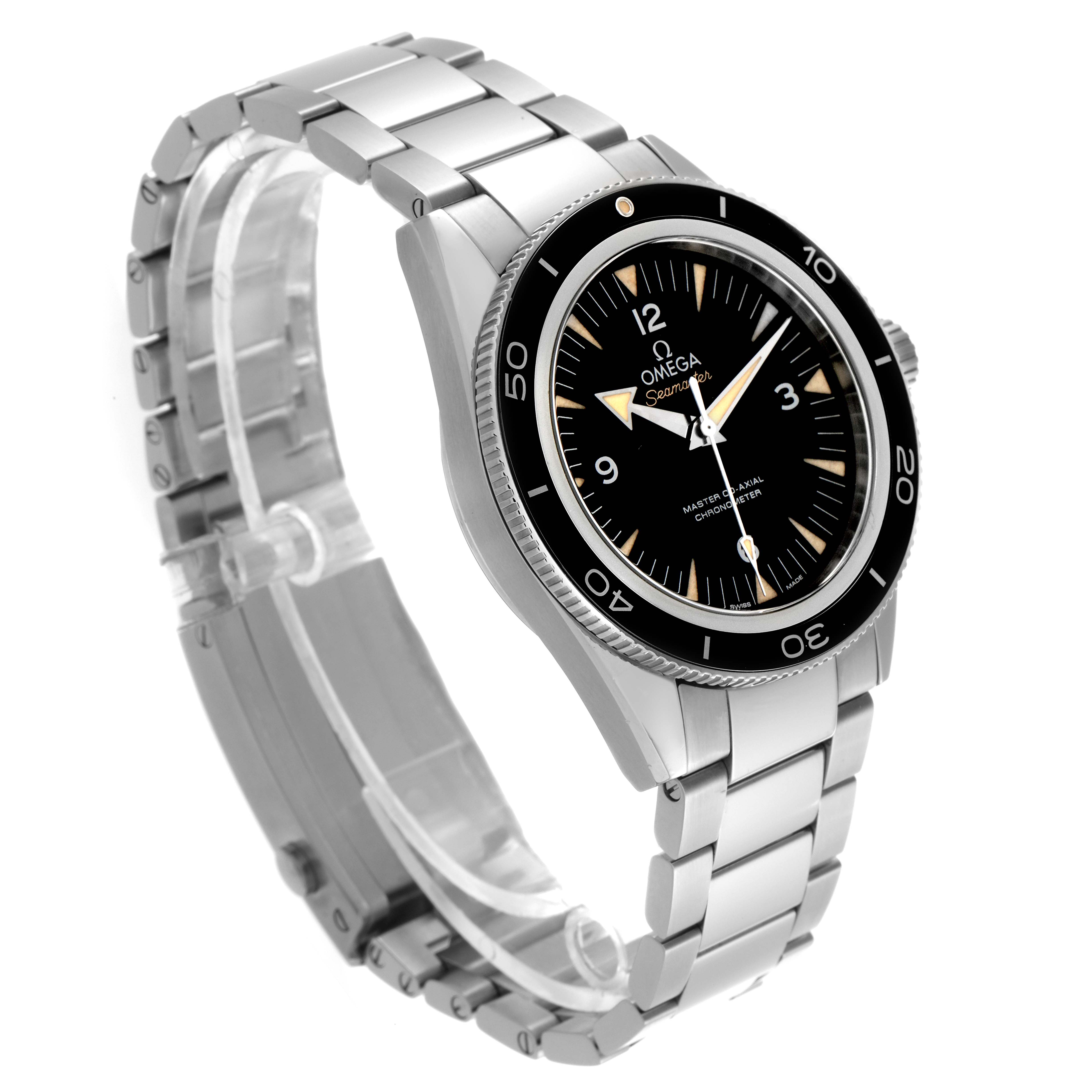 The Omega Seamaster 233.30.41.21.01.001 Men
s Stainless Steel Black Dial 233.30.41.21.01.001 Men
s Stainless Steel Black Dial watch is shown at a three-quarter angle, highlighting the face, bezel, crown, and metal bracelet.