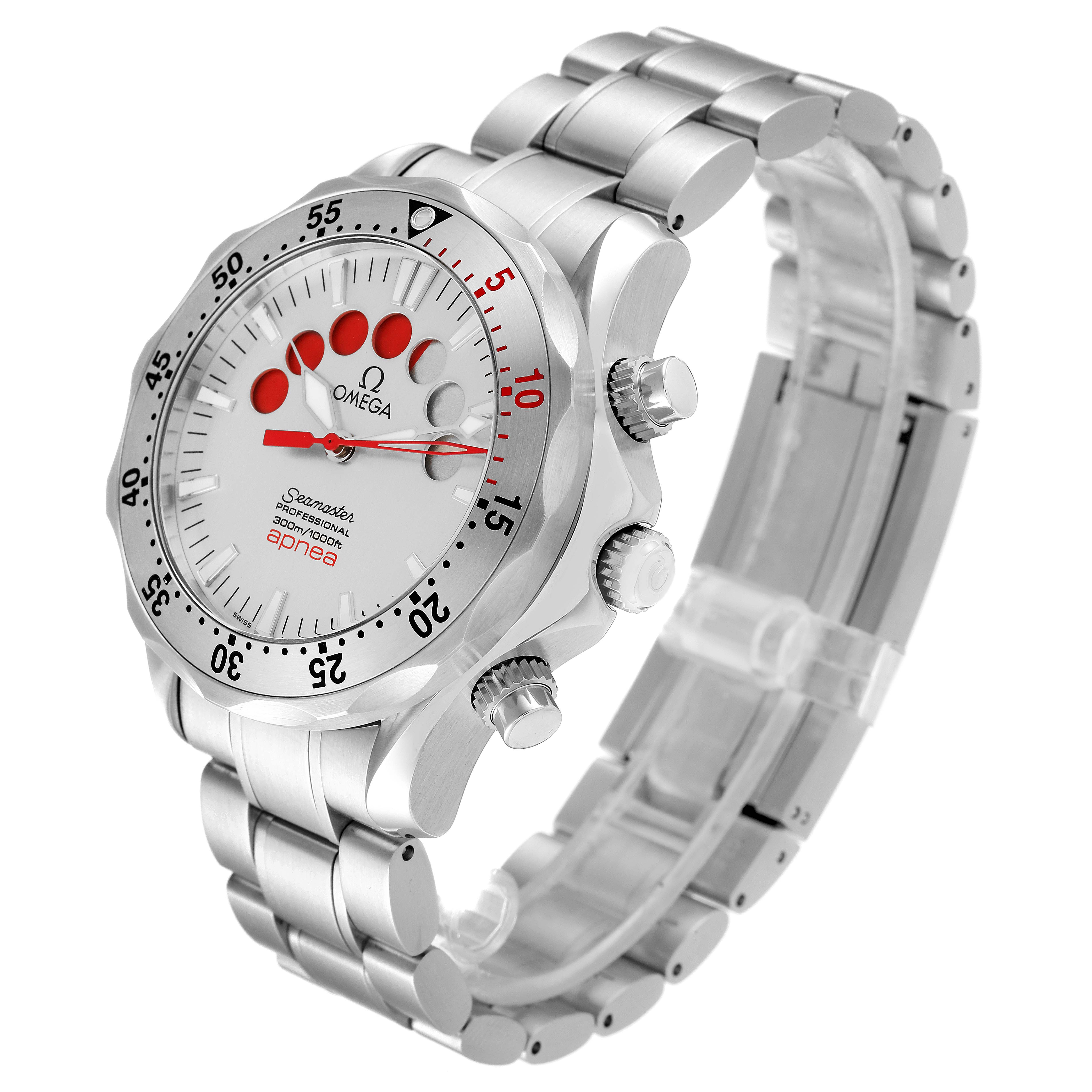 The Omega Seamaster 2595.30.00 Men's Stainless Steel Silver Dial 2595.30.00 Men's Stainless Steel Silver Dial watch is shown from a three-quarter angle, highlighting the dial, bezel, crown, and bracelet.