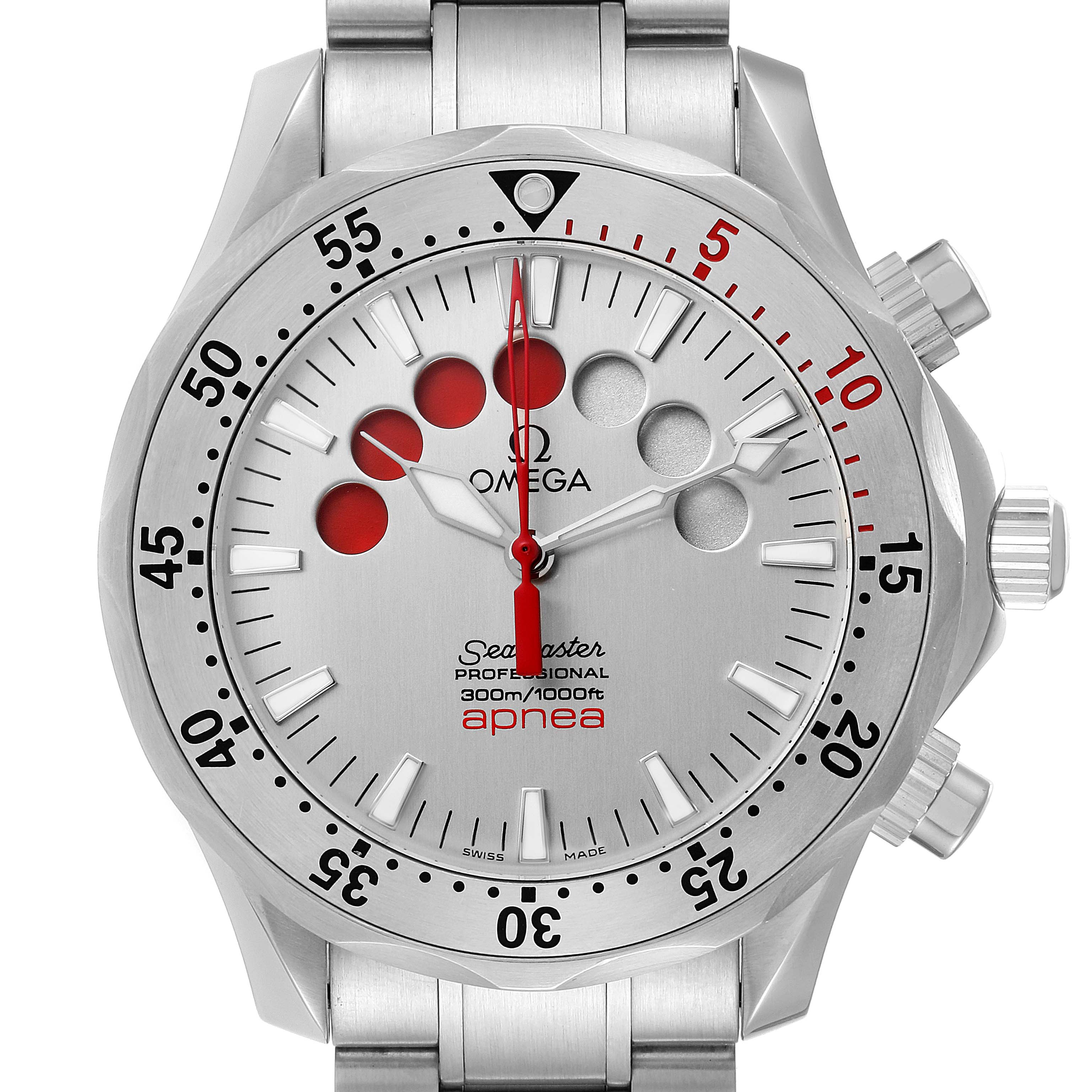 The image shows a front view of the Omega Seamaster 2595.30.00 Men's Stainless Steel Silver Dial 2595.30.00 Men's Stainless Steel Silver Dial Apnea model, featuring the watch face, bezel, and part of the metal bracelet.
