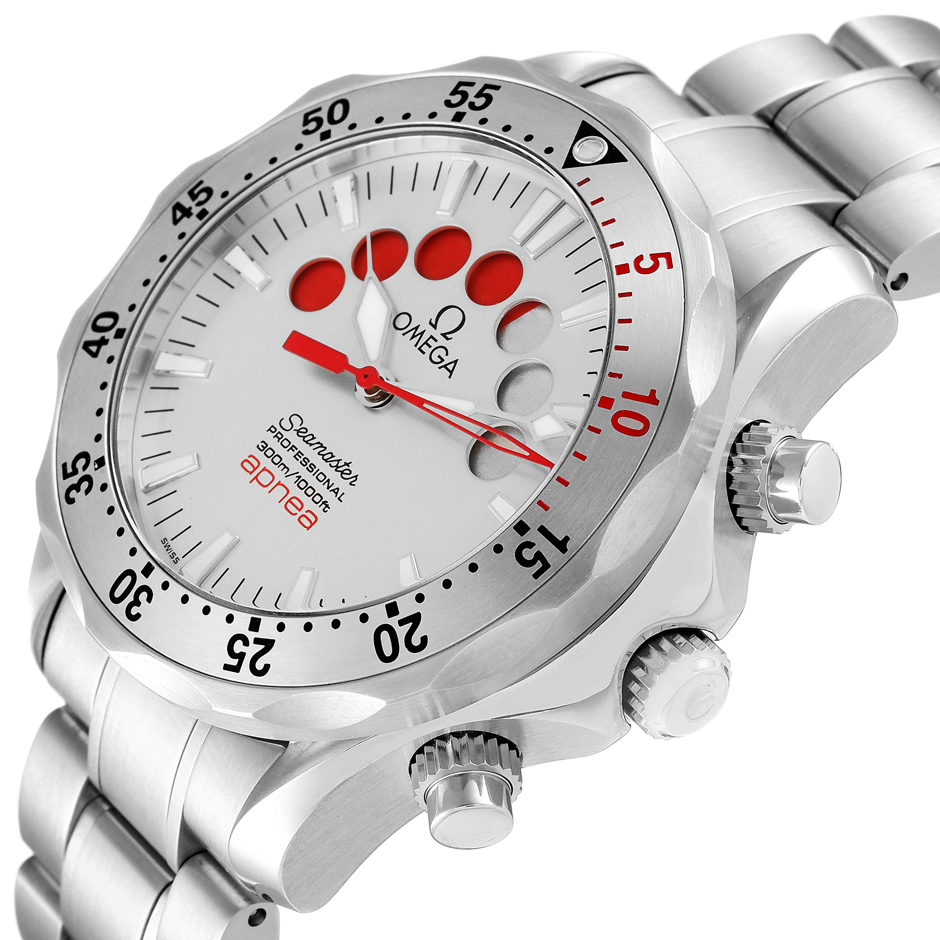 This image shows an angled view of the Omega Seamaster 2595.30.00 Men's Stainless Steel Silver Dial 2595.30.00 Men's Stainless Steel Silver Dial Apnea watch, highlighting the bezel, dial, crown, and bracelet.