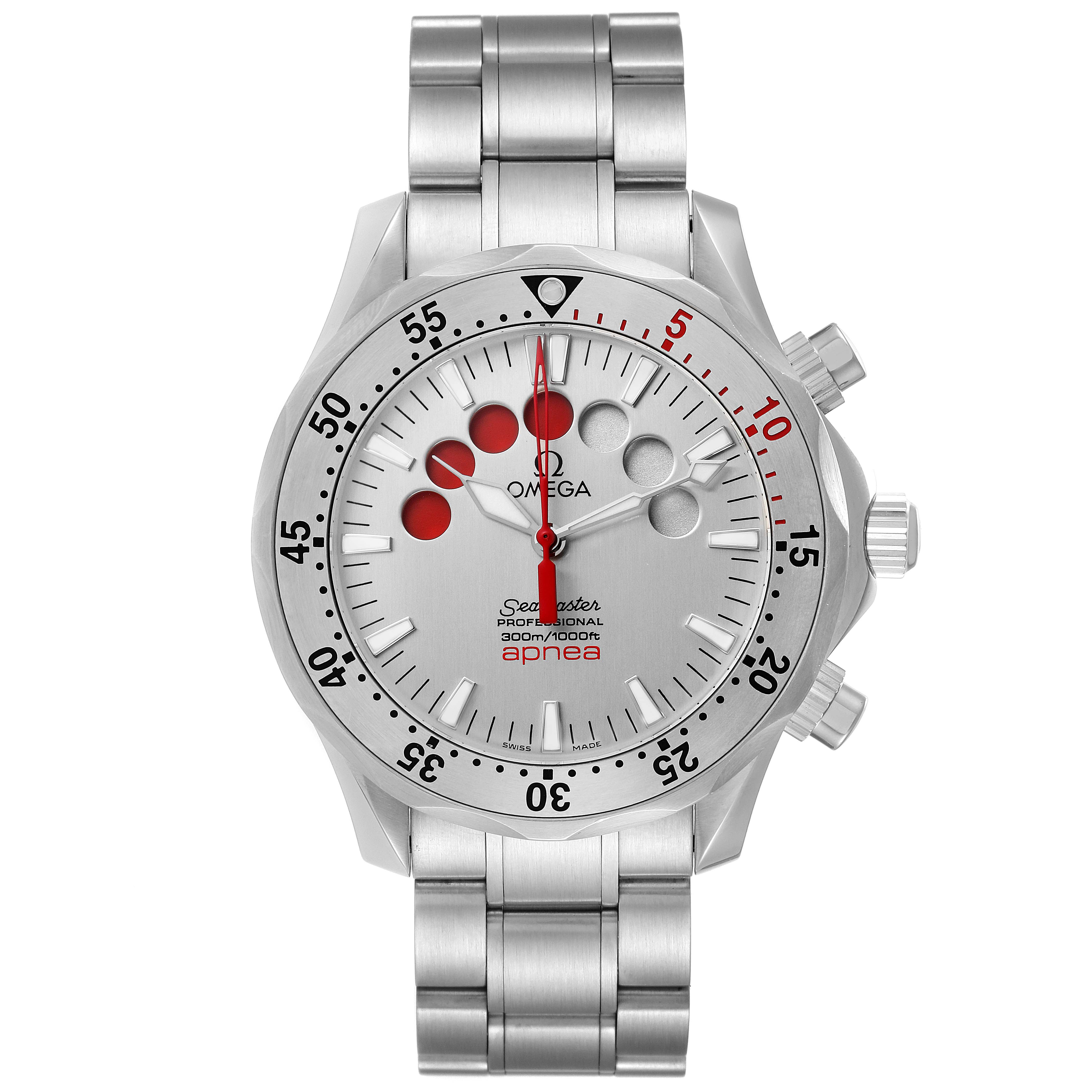 The Omega Seamaster 2595.30.00 Men's Stainless Steel Silver Dial 2595.30.00 Men's Stainless Steel Silver Dial watch is shown from the front, displaying its dial, bezel, hands, and metal bracelet.