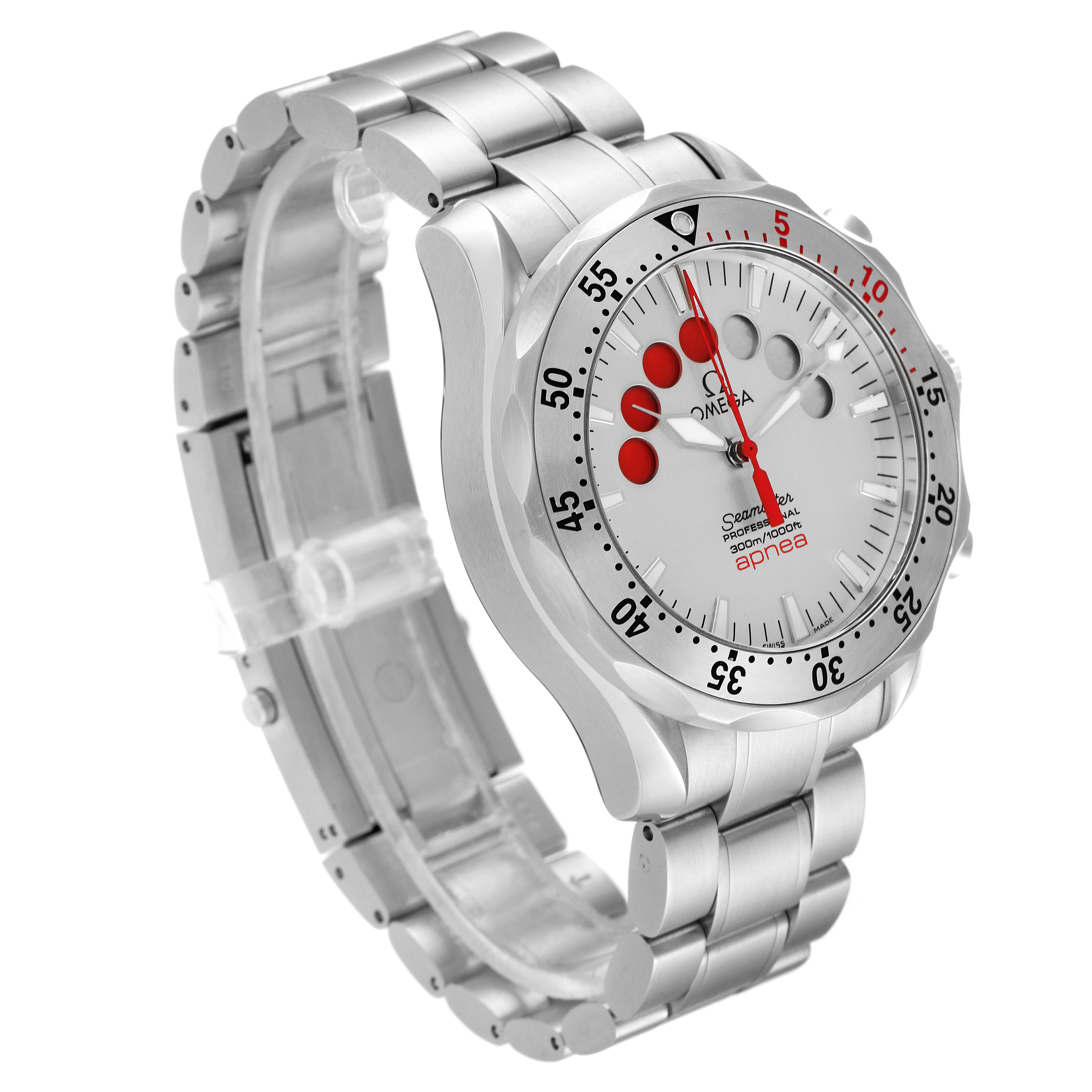 The image shows a three-quarter view of the Omega Seamaster 2595.30.00 Men's Stainless Steel Silver Dial 2595.30.00 Men's Stainless Steel Silver Dial watch, highlighting its face, bezel, and stainless steel band.