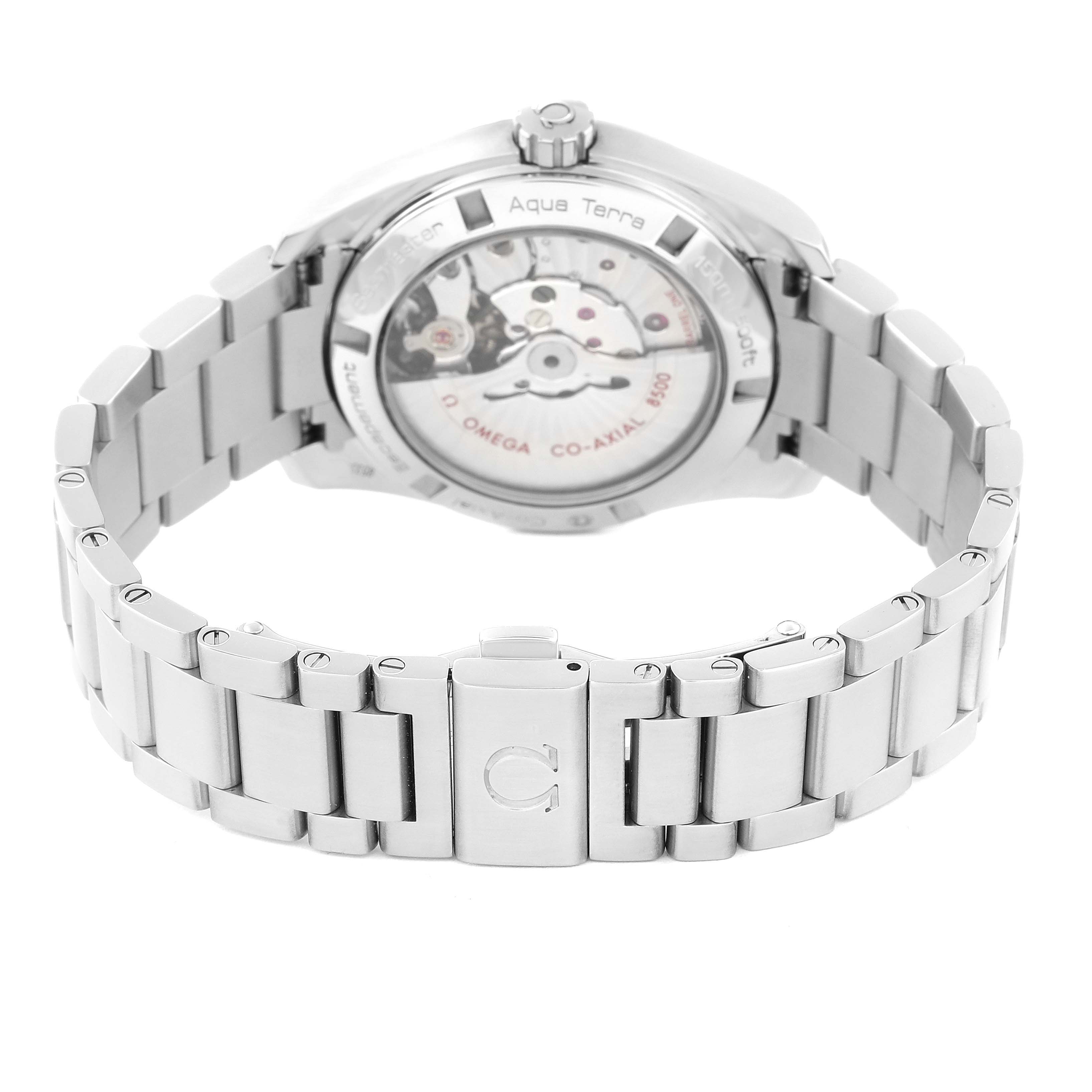 The image shows the back view of the Omega Aqua Terra 231.10.39.21.01.002 Men's Stainless Steel Black Dial 231.10.39.21.01.002 Men's Stainless Steel Black Dial watch, highlighting its metal bracelet and the transparent case back revealing the movement.