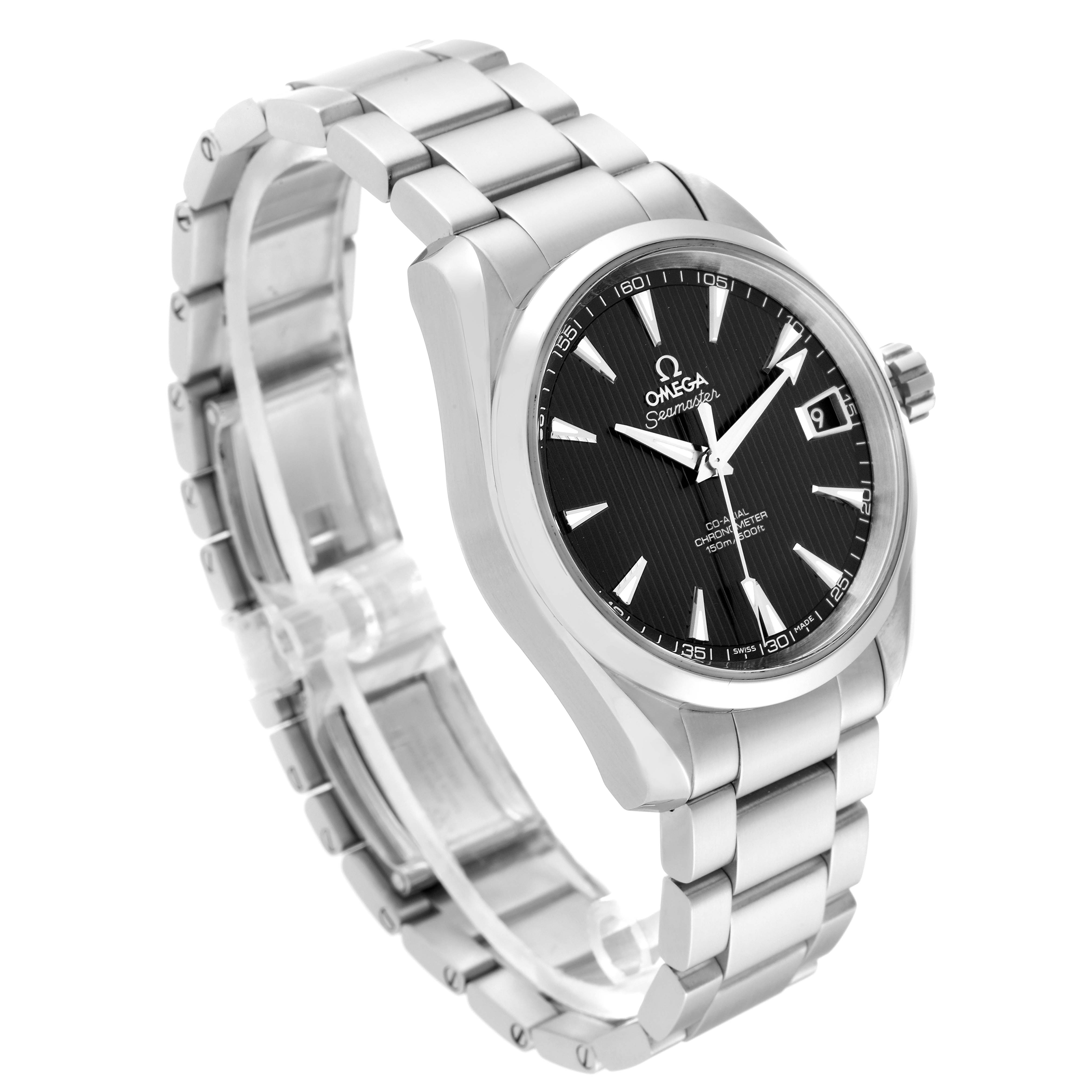 This image showcases the Omega Aqua Terra 231.10.39.21.01.002 Men's Stainless Steel Black Dial 231.10.39.21.01.002 Men's Stainless Steel Black Dial watch at a three-quarter angle, highlighting its face, bezel, crown, and bracelet.