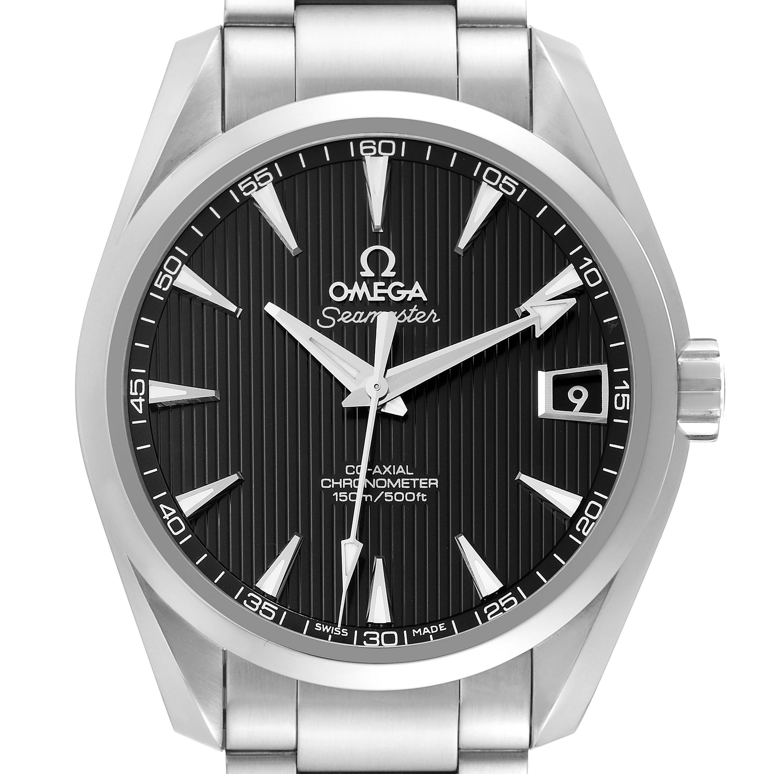 The image shows a front view of an Omega Aqua Terra 231.10.39.21.01.002 Men's Stainless Steel Black Dial 231.10.39.21.01.002 Men's Stainless Steel Black Dial watch, highlighting its face, hands, bezel, and portion of the bracelet.