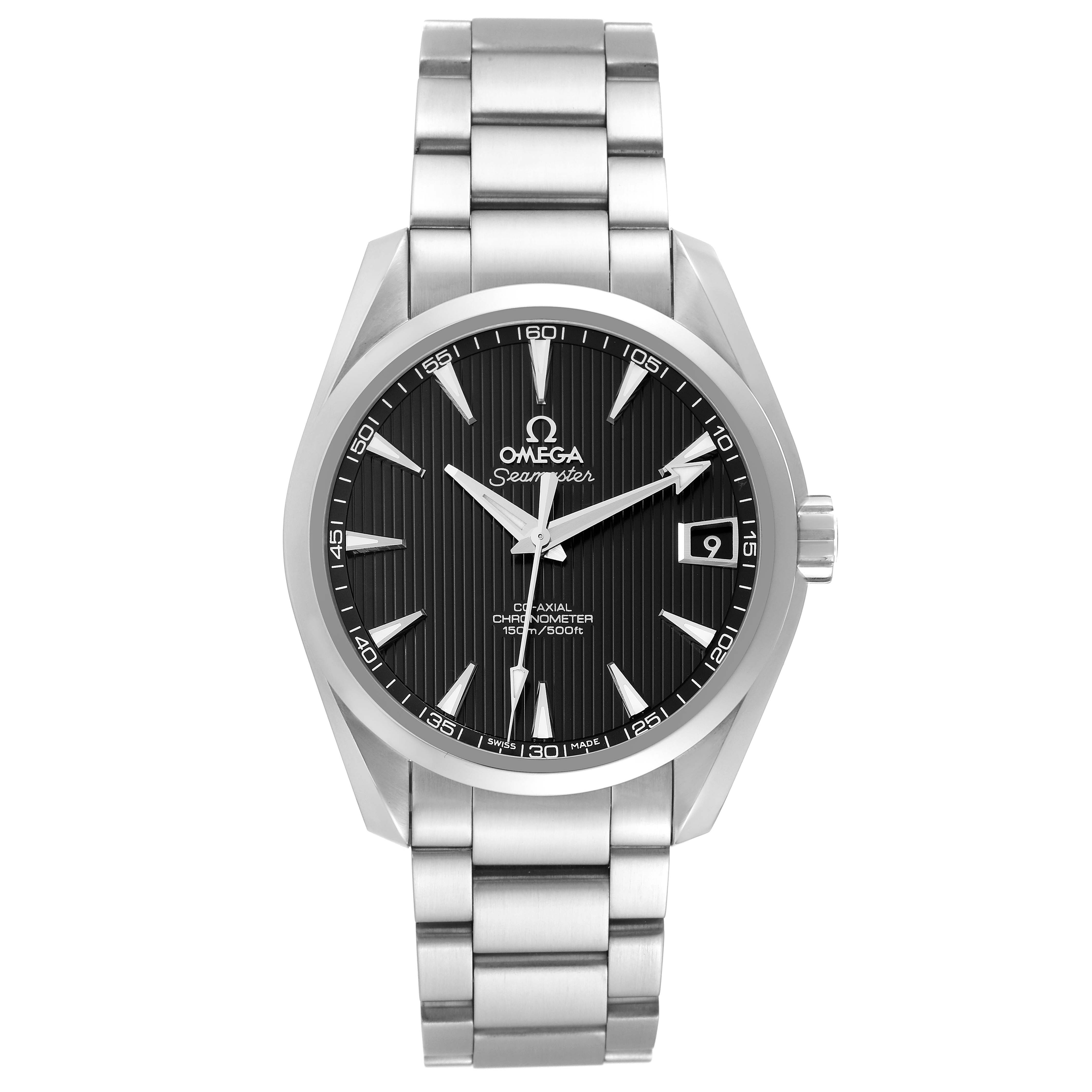 The image shows a front view of an Omega Aqua Terra 231.10.39.21.01.002 Men's Stainless Steel Black Dial 231.10.39.21.01.002 Men's Stainless Steel Black Dial watch, displaying its face, dial, and metal bracelet.