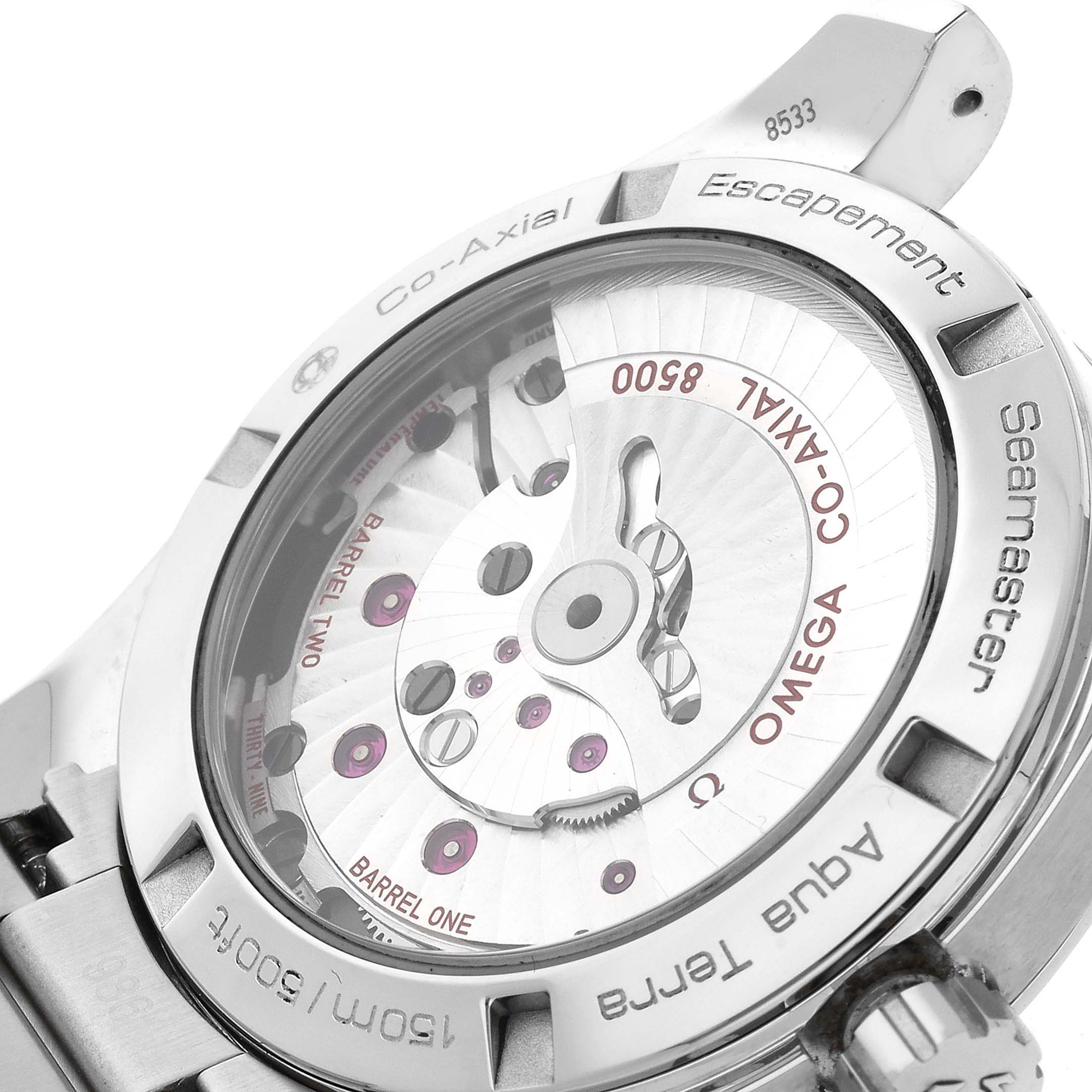 This image shows the back view of the Omega Aqua Terra 231.10.39.21.01.002 Men's Stainless Steel Black Dial 231.10.39.21.01.002 Men's Stainless Steel Black Dial watch, highlighting its Co-Axial escapement and movement components.