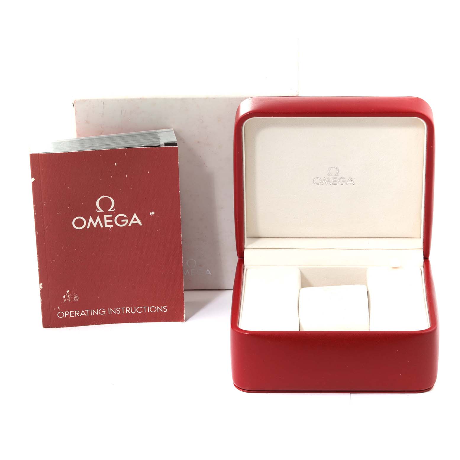 The image shows the Omega Aqua Terra 231.10.39.21.01.002 Men's Stainless Steel Black Dial 231.10.39.21.01.002 Men's Stainless Steel Black Dial's red watch box, documentation, and outer packaging from a front angle.