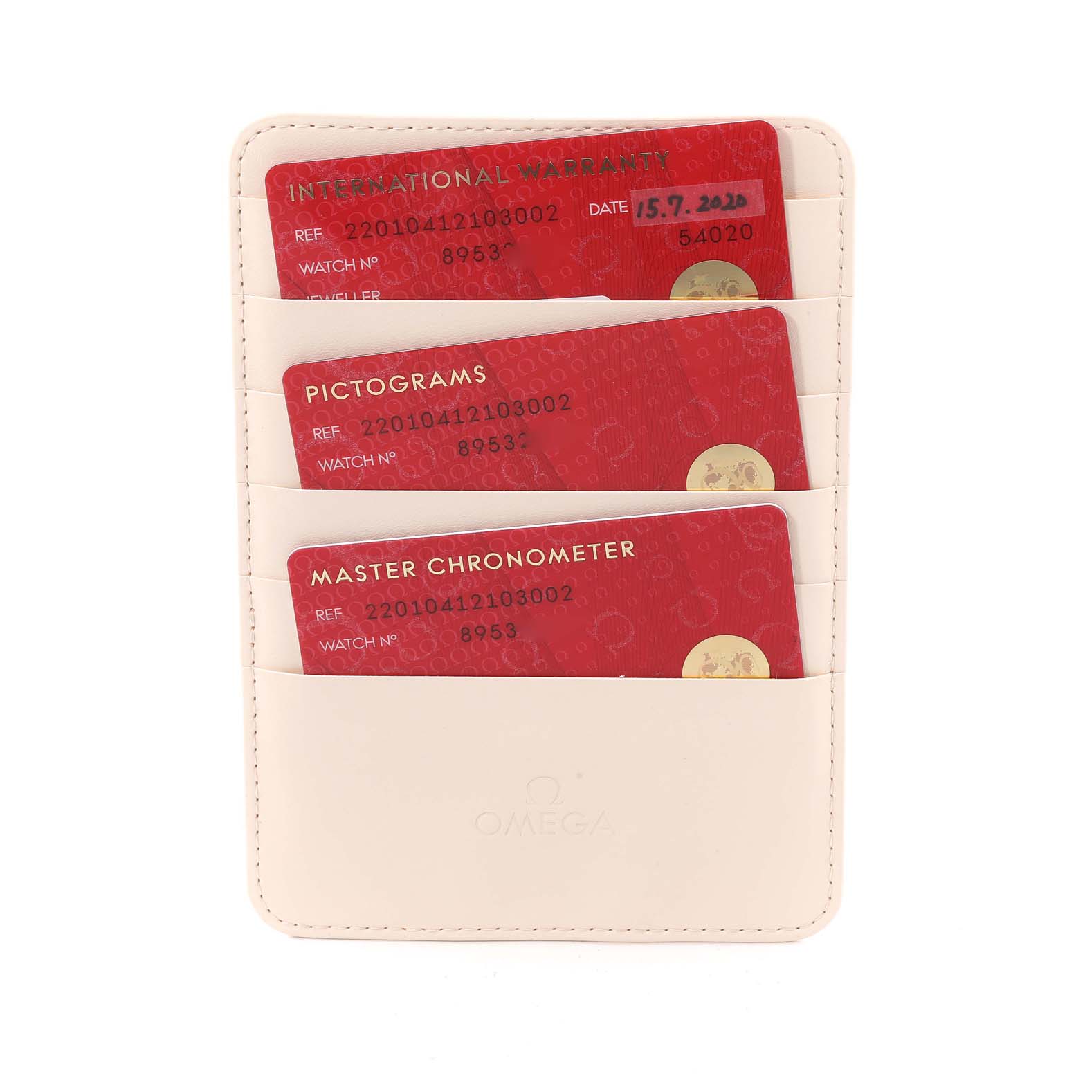 The image shows red certification cards for an Omega Aqua Terra 220.10.41.21.03.002 Men
s Stainless Steel Blue Dial 220.10.41.21.03.002 Men
s Stainless Steel Blue Dial watch, organized in a white cardholder.