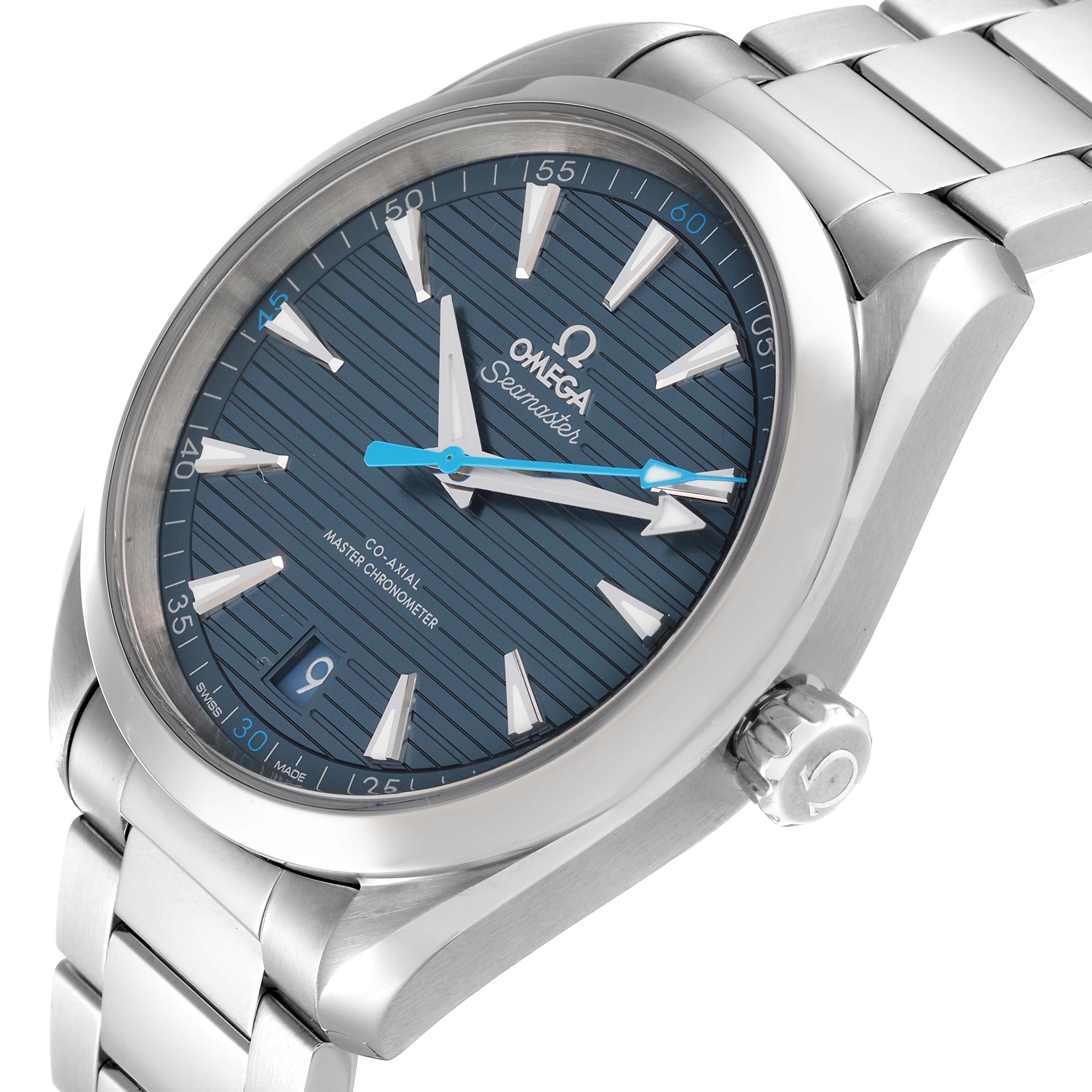 The image shows the Omega Aqua Terra 220.10.41.21.03.002 Men
s Stainless Steel Blue Dial 220.10.41.21.03.002 Men
s Stainless Steel Blue Dial watch at a three-quarter angle, highlighting the dial, crown, and bracelet.