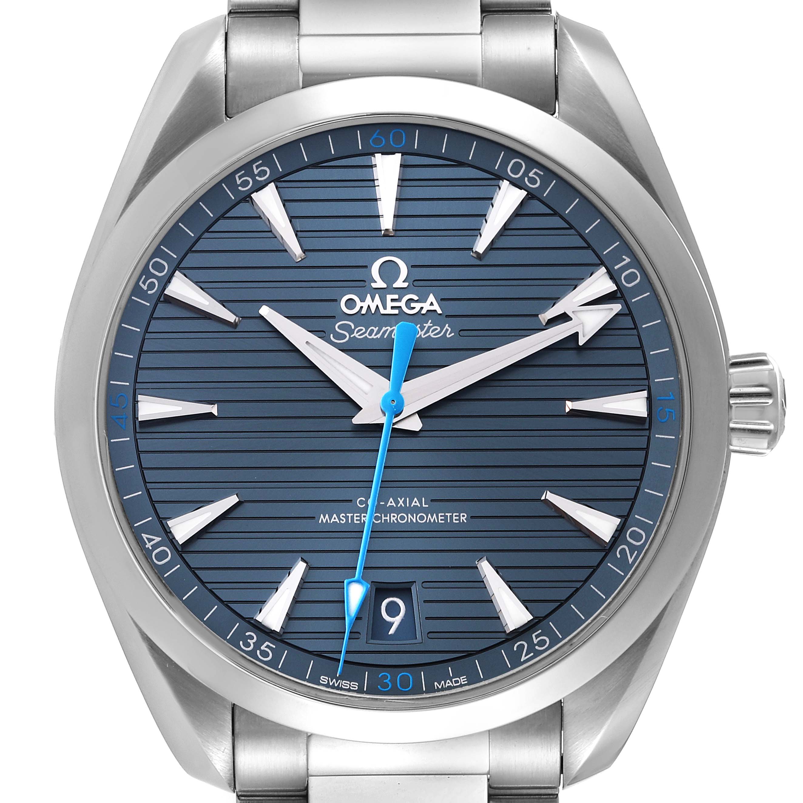 This image shows a front view of the Omega Aqua Terra 220.10.41.21.03.002 Men
s Stainless Steel Blue Dial 220.10.41.21.03.002 Men
s Stainless Steel Blue Dial watch, highlighting the blue dial and silver-tone hour markers.