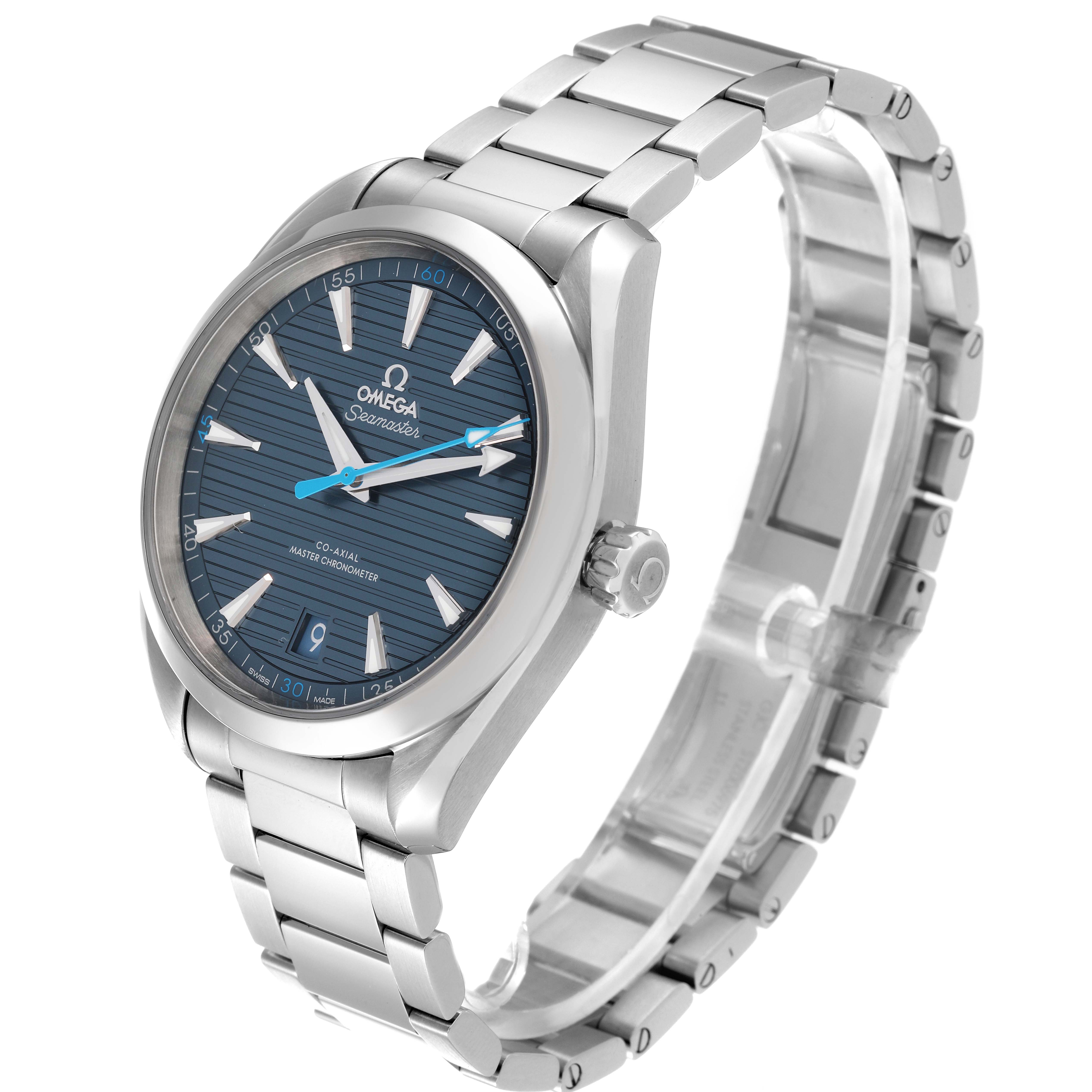 The image shows an Omega Aqua Terra 220.10.41.21.03.002 Men
s Stainless Steel Blue Dial 220.10.41.21.03.002 Men
s Stainless Steel Blue Dial watch from a three-quarter angle, highlighting the face, bezel, crown, and bracelet.