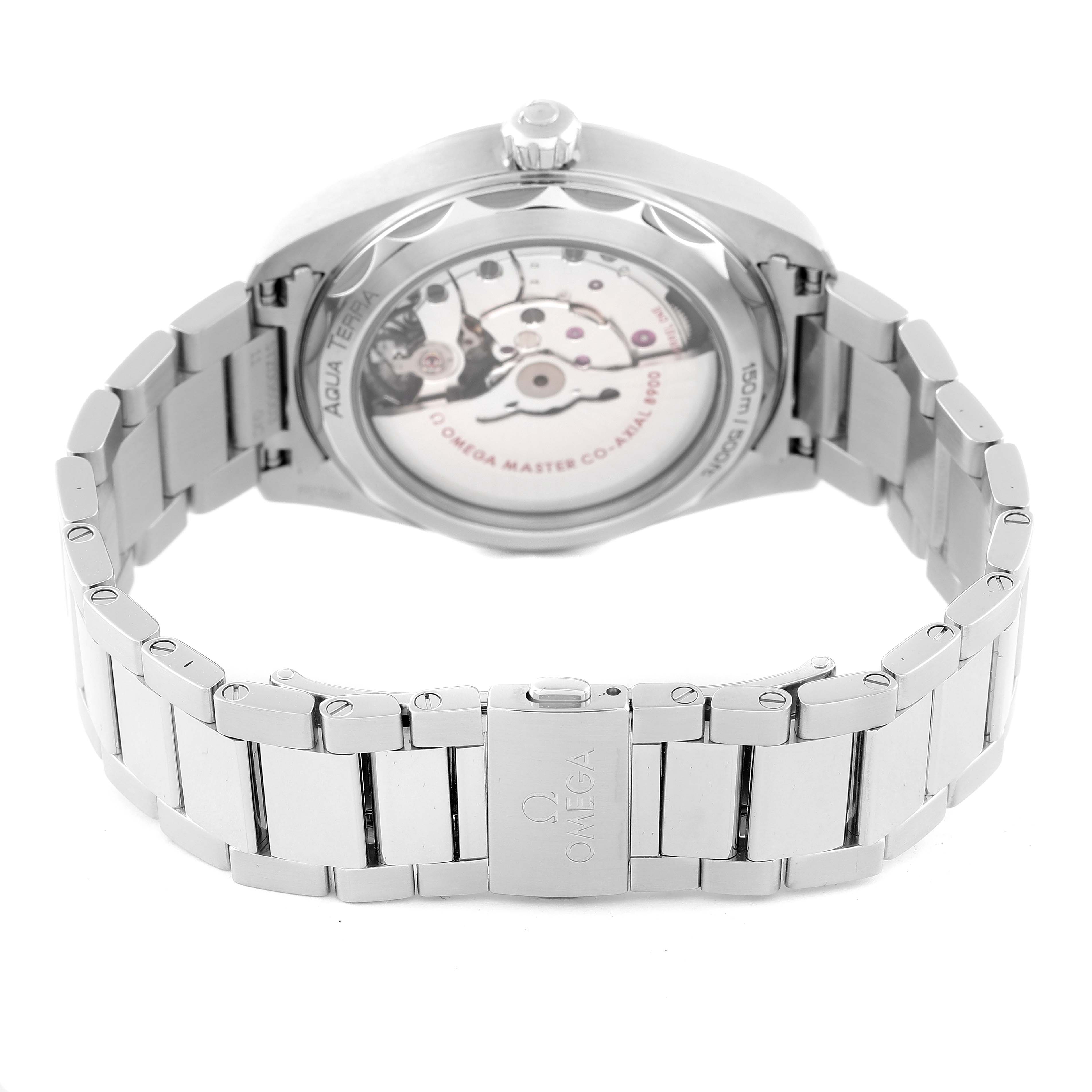 The image shows the back view and bracelet of the Omega Aqua Terra 220.10.41.21.03.002 Men
s Stainless Steel Blue Dial 220.10.41.21.03.002 Men
s Stainless Steel Blue Dial watch, highlighting its exposed mechanical movement.