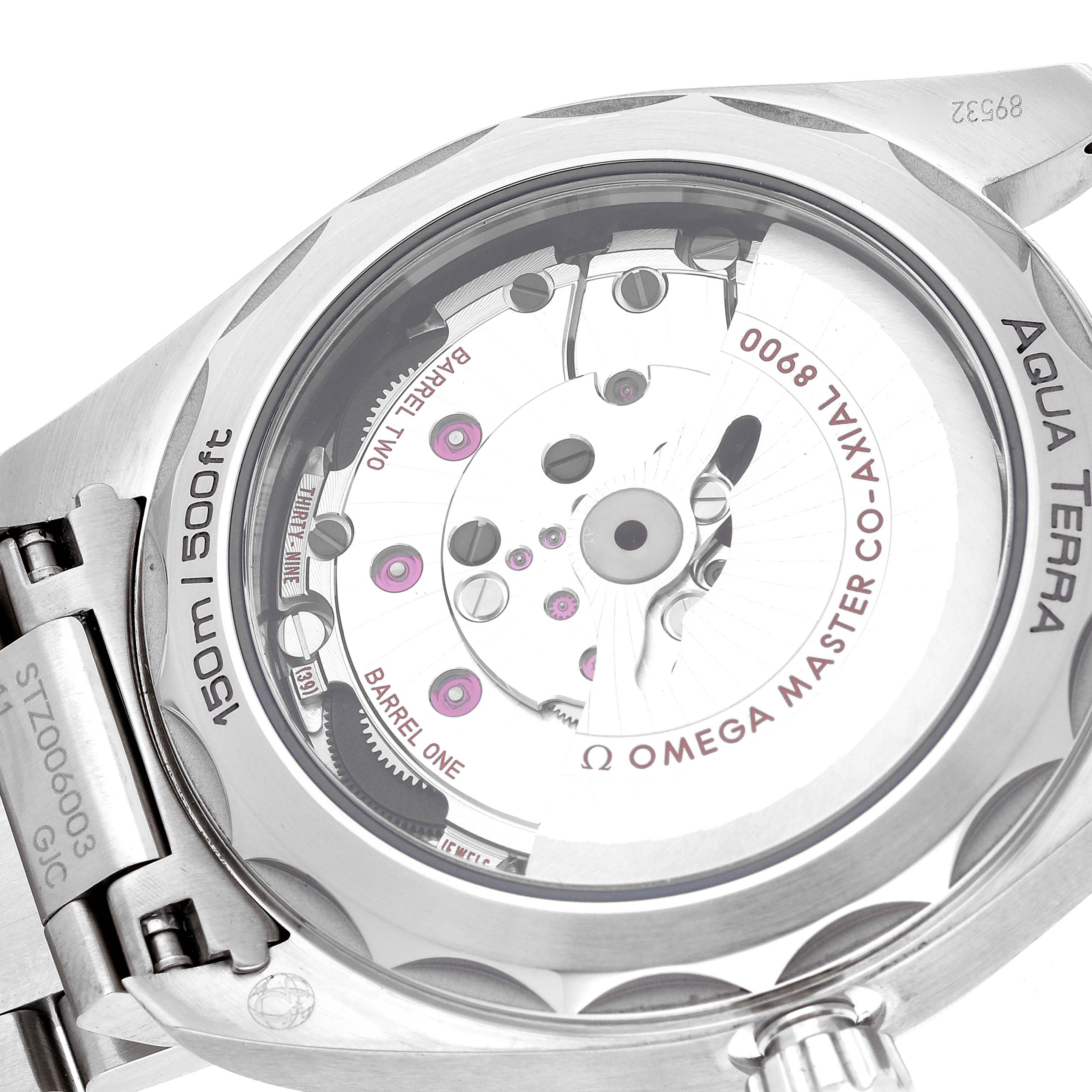 This image shows the back of the Omega Aqua Terra 220.10.41.21.03.002 Men
s Stainless Steel Blue Dial 220.10.41.21.03.002 Men
s Stainless Steel Blue Dial watch, highlighting its movement mechanism.