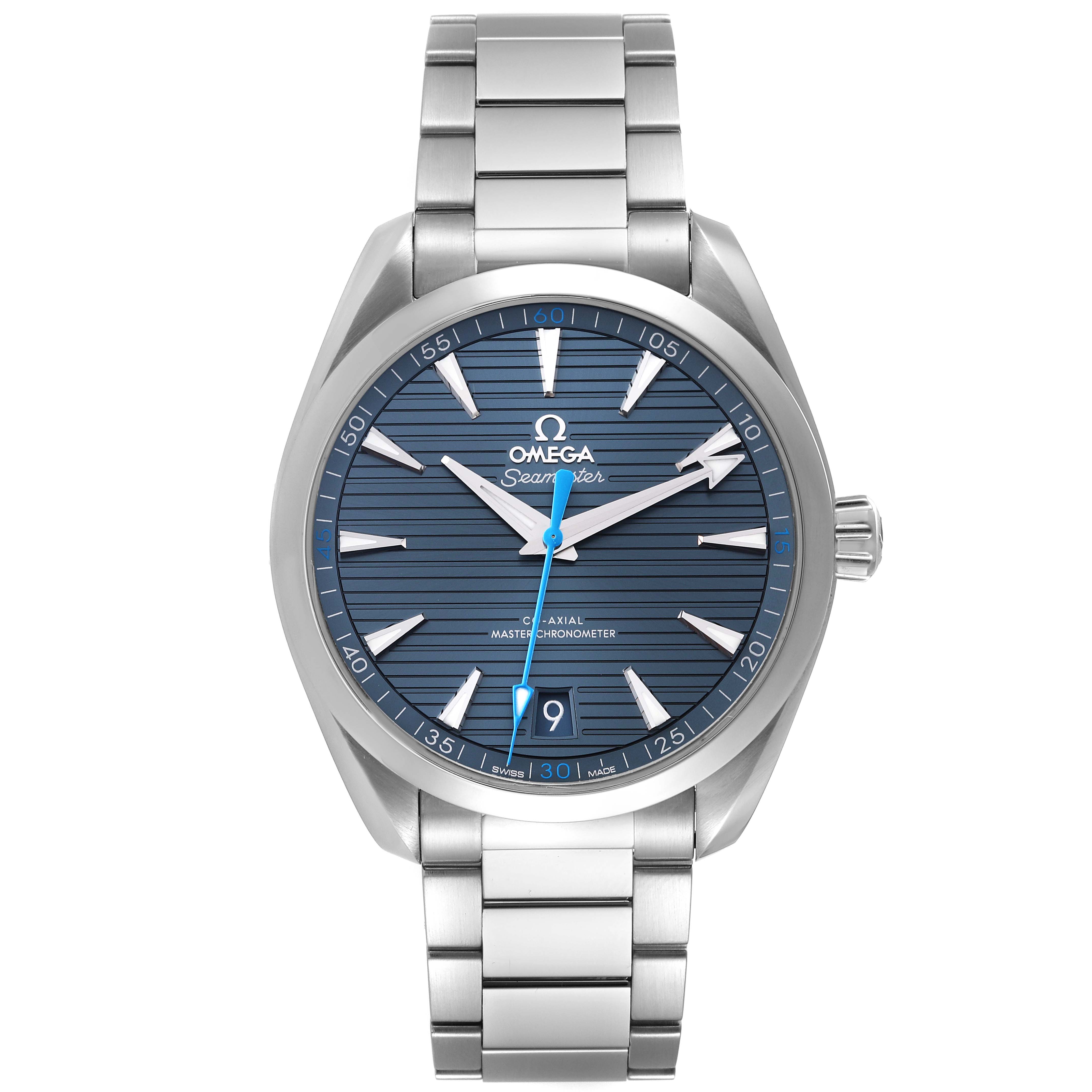 The image shows a front view of the Omega Aqua Terra 220.10.41.21.03.002 Men
s Stainless Steel Blue Dial 220.10.41.21.03.002 Men
s Stainless Steel Blue Dial watch, highlighting its blue dial, silver hour markers, and metal bracelet.