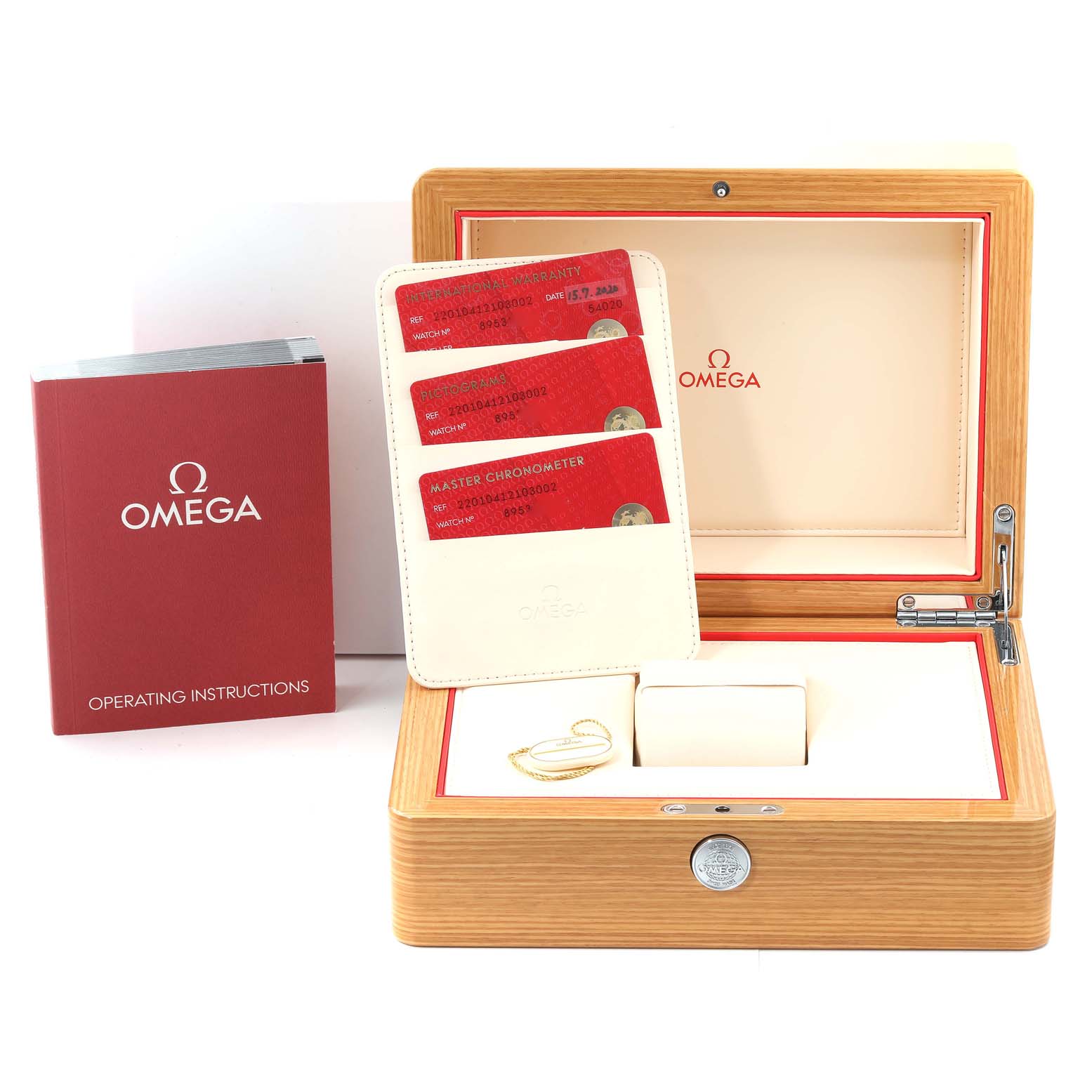 The image shows the Omega Aqua Terra 220.10.41.21.03.002 Men
s Stainless Steel Blue Dial 220.10.41.21.03.002 Men
s Stainless Steel Blue Dial watch box, warranty cards, card holder, instruction booklet, and a bracelet.