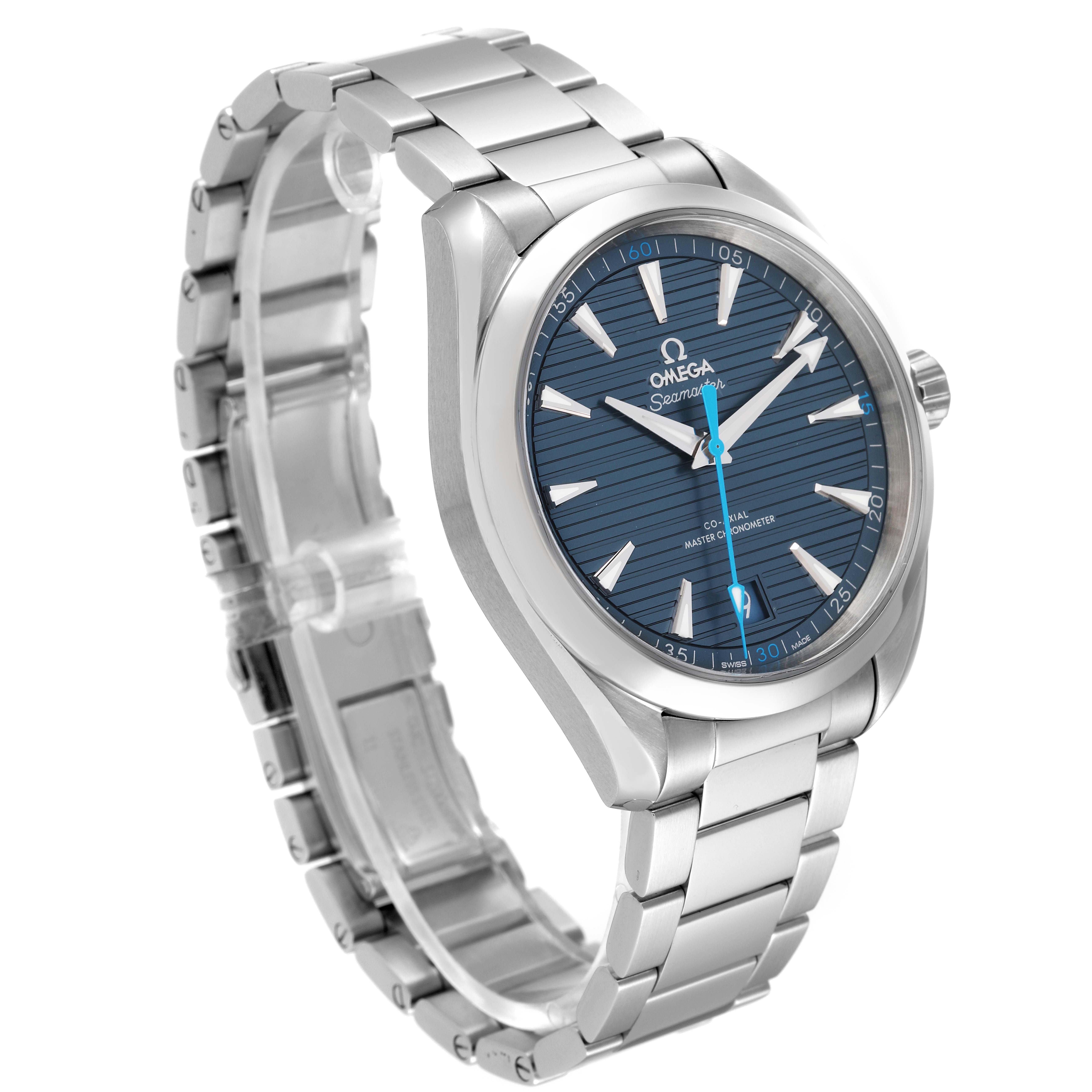 The image shows the Omega Aqua Terra 220.10.41.21.03.002 Men
s Stainless Steel Blue Dial 220.10.41.21.03.002 Men
s Stainless Steel Blue Dial watch from a three-quarter angle, highlighting the dial, bezel, and bracelet.
