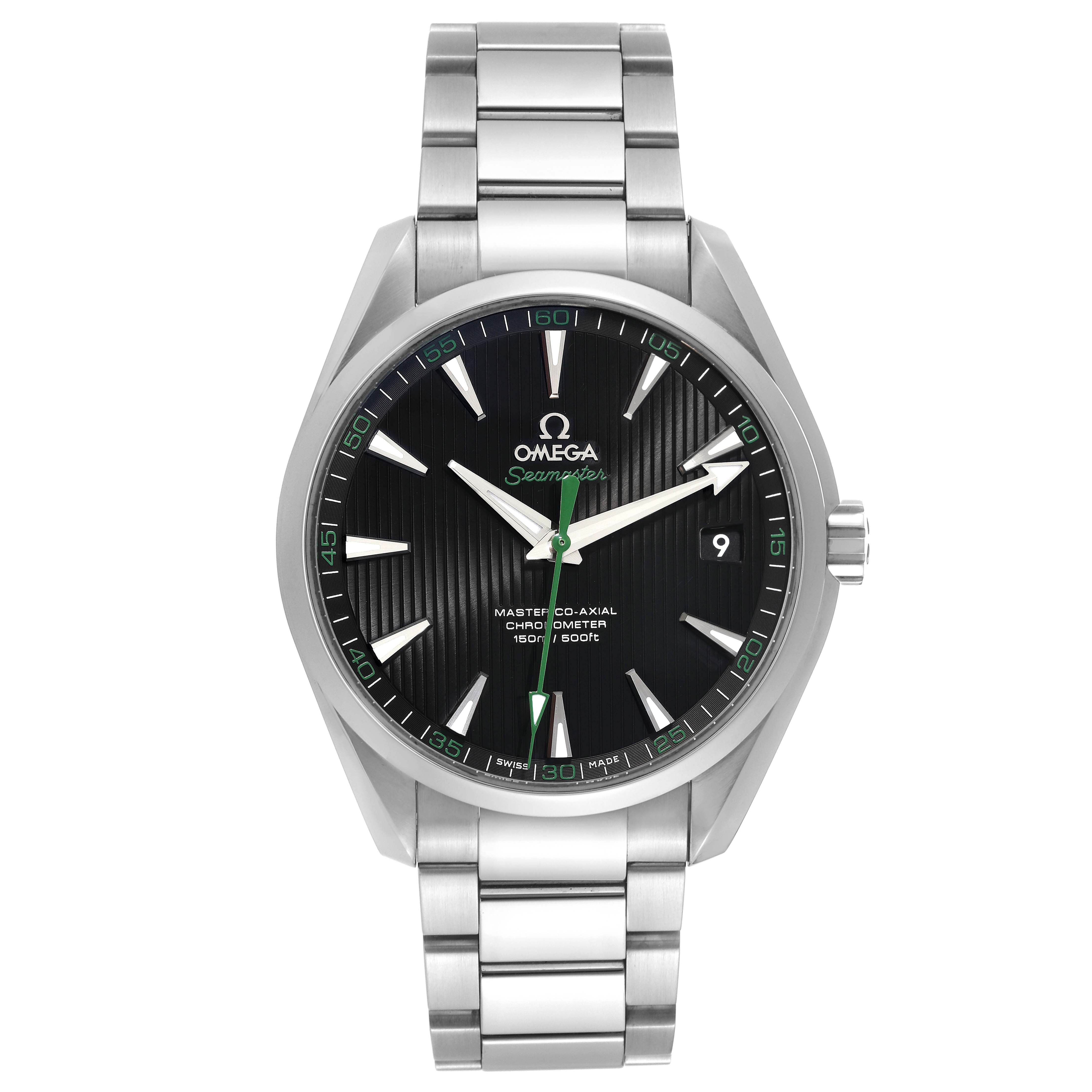 The image shows a front view of the Omega Aqua Terra 231.10.42.21.01.004 Men's Stainless Steel Black Dial 231.10.42.21.01.004 Men's Stainless Steel Black Dial watch, displaying its face, hands, date window, and metal bracelet.