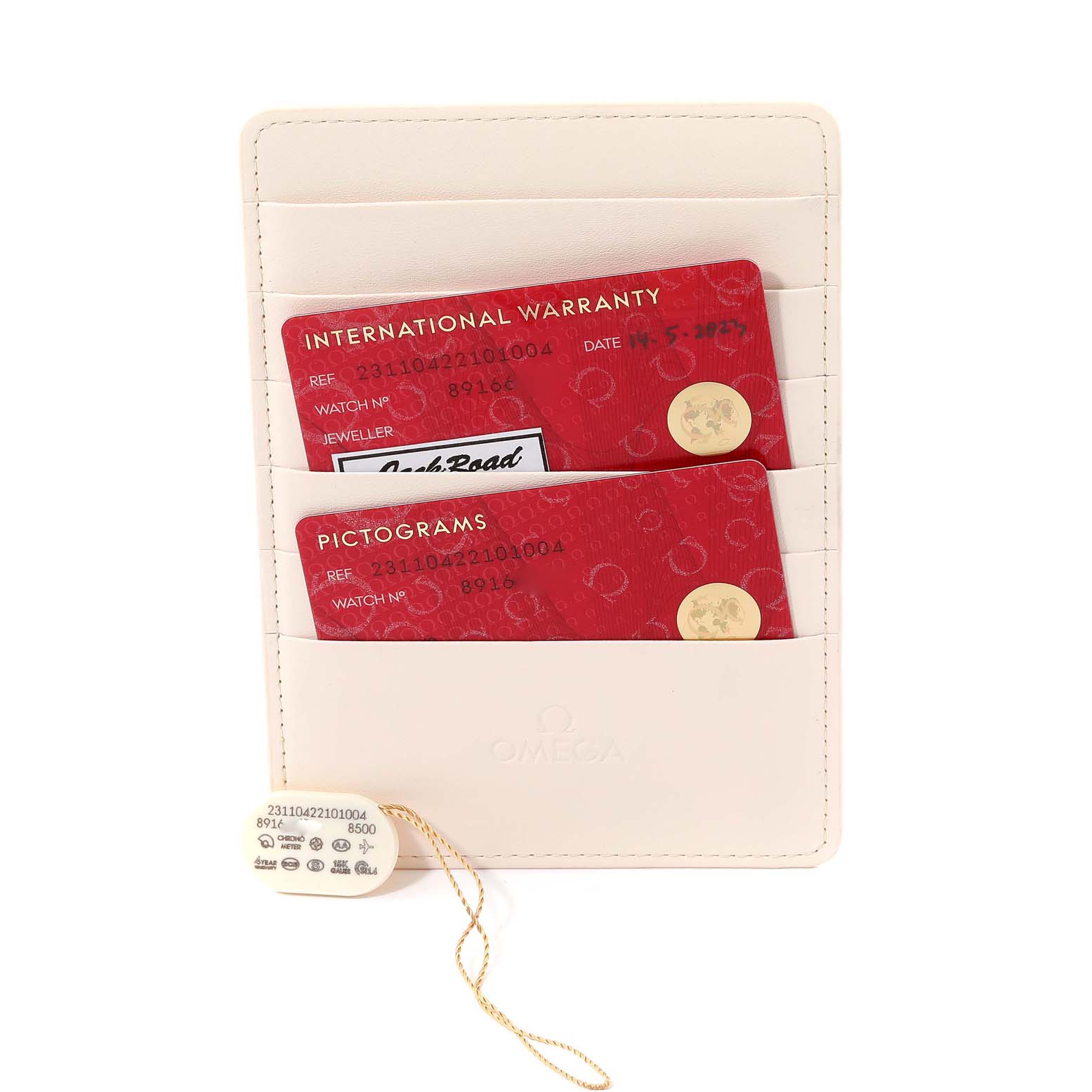 The image shows warranty cards and a tag for the Omega Aqua Terra 231.10.42.21.01.004 Men's Stainless Steel Black Dial 231.10.42.21.01.004 Men's Stainless Steel Black Dial watch model in a cream-colored cardholder.