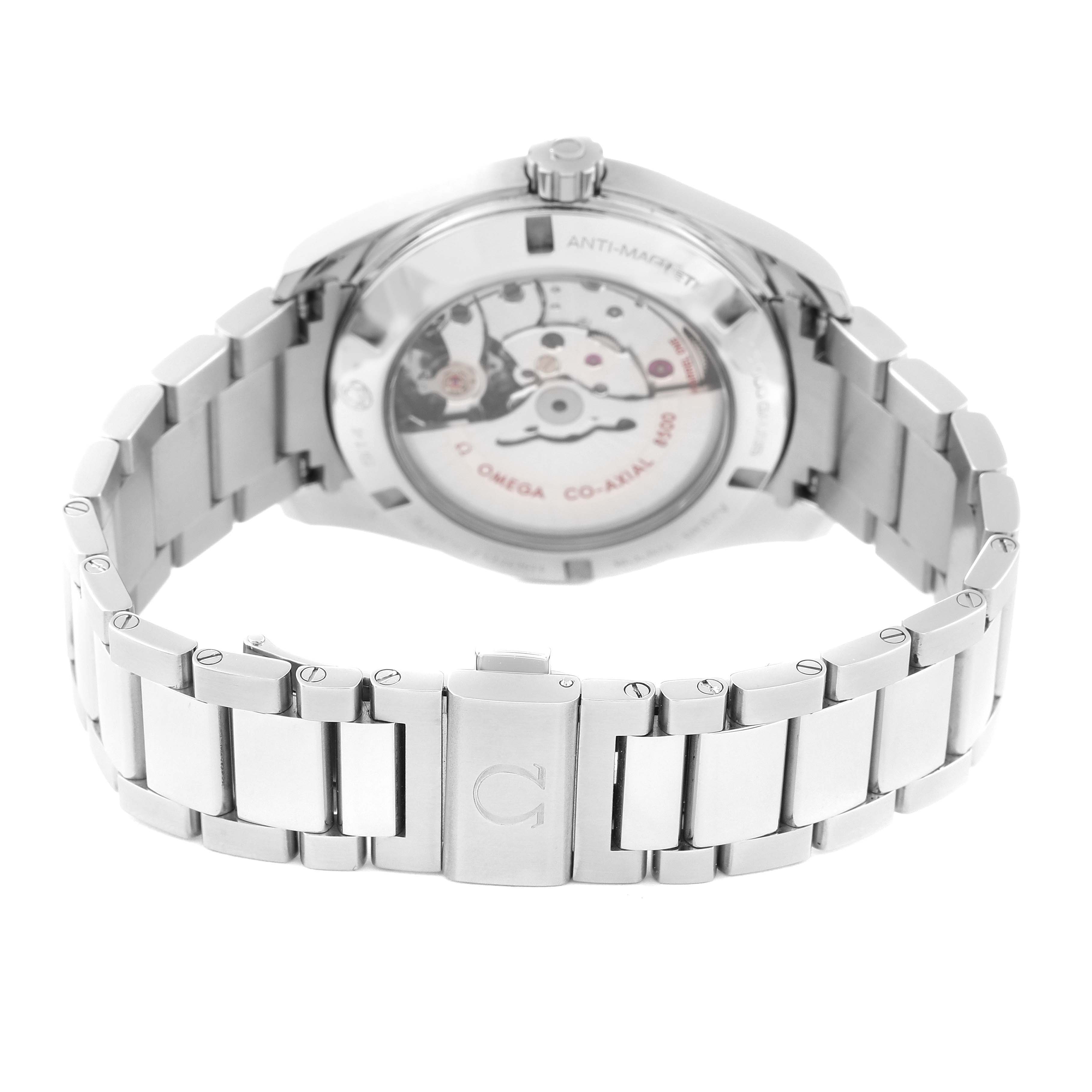 The image shows the back view of the Omega Aqua Terra 231.10.42.21.01.004 Men's Stainless Steel Black Dial 231.10.42.21.01.004 Men's Stainless Steel Black Dial watch, featuring its transparent case back and stainless steel bracelet.