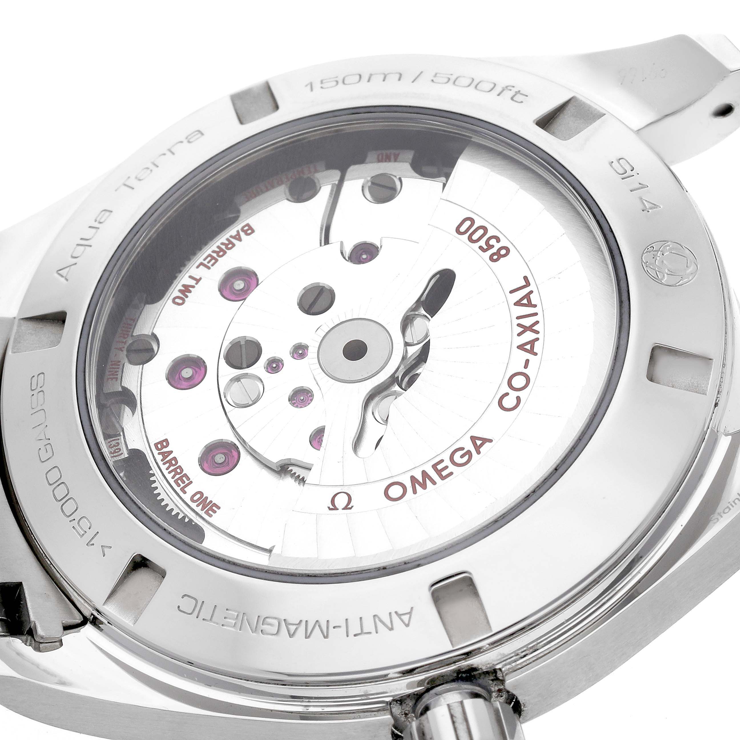 The image shows the back view of the Omega Aqua Terra 231.10.42.21.01.004 Men's Stainless Steel Black Dial 231.10.42.21.01.004 Men's Stainless Steel Black Dial watch, highlighting its Co-Axial 8500 movement.