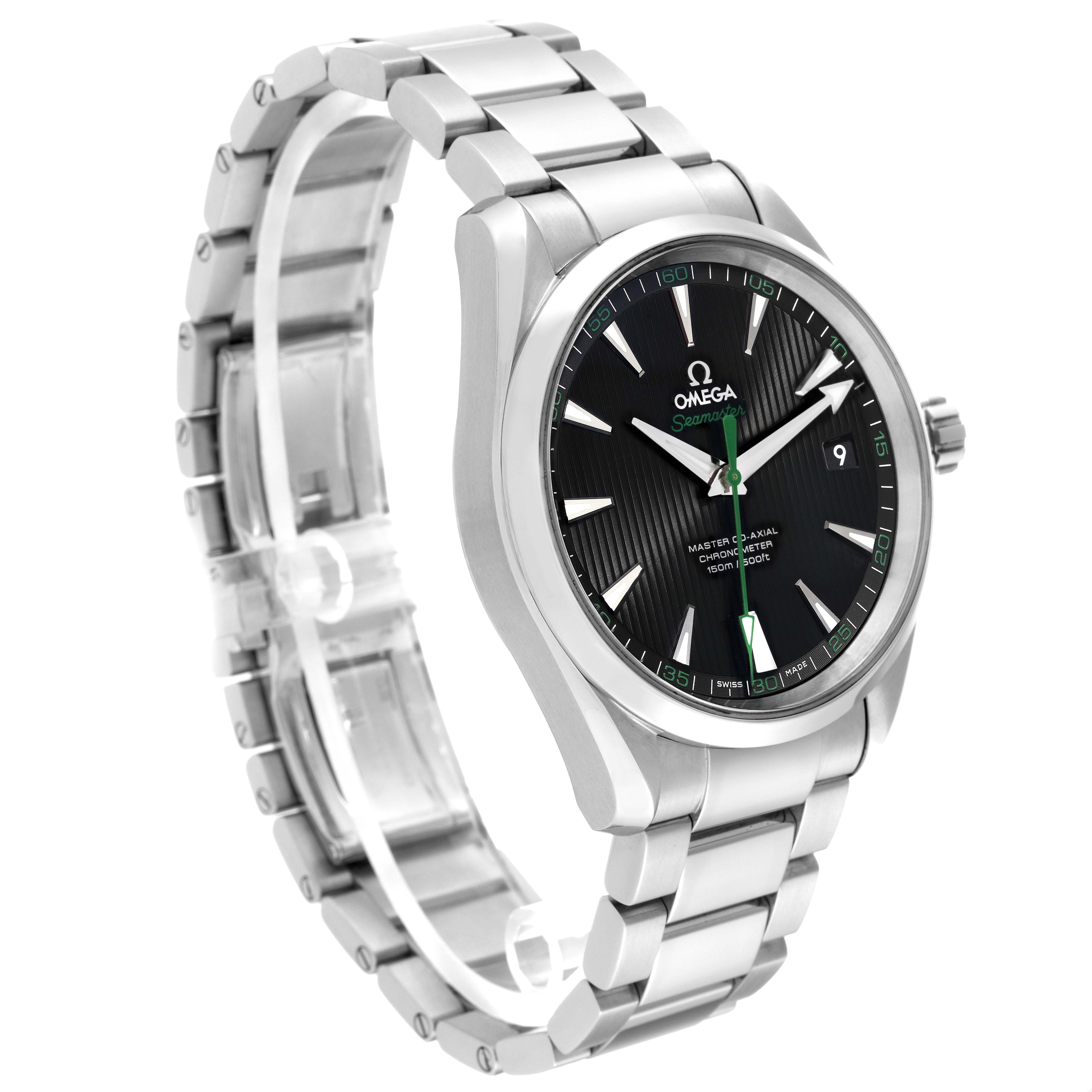 The image shows an Omega Aqua Terra 231.10.42.21.01.004 Men's Stainless Steel Black Dial 231.10.42.21.01.004 Men's Stainless Steel Black Dial watch at an angled side view, highlighting its stainless steel bracelet and black dial.