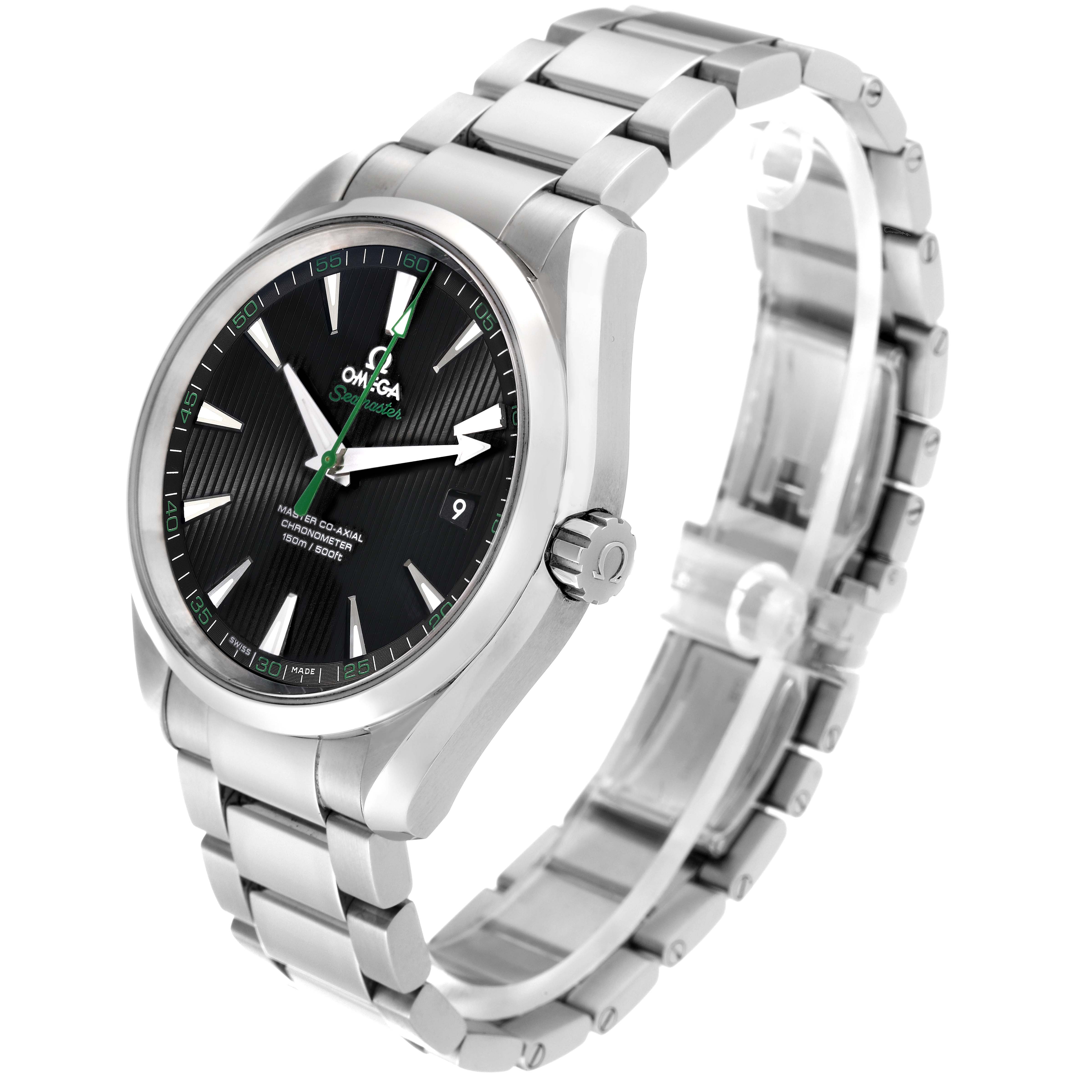 The Omega Aqua Terra 231.10.42.21.01.004 Men's Stainless Steel Black Dial 231.10.42.21.01.004 Men's Stainless Steel Black Dial watch is shown at a three-quarter angle highlighting the face, bezel, bracelet, and crown.