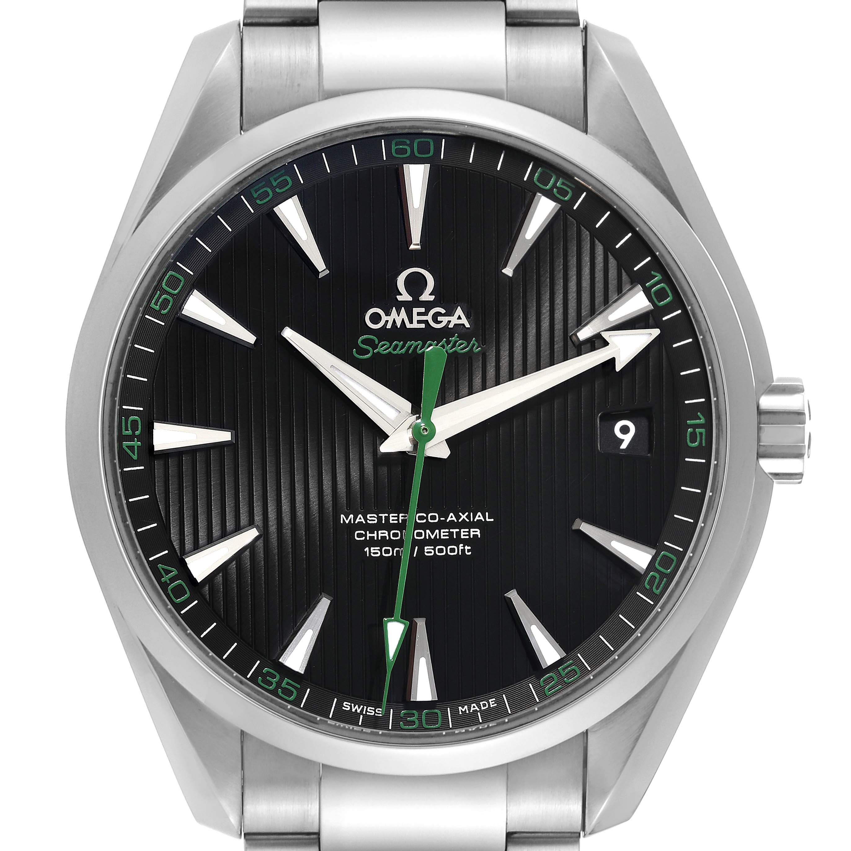 The image shows a front view of the Omega Aqua Terra 231.10.42.21.01.004 Men's Stainless Steel Black Dial 231.10.42.21.01.004 Men's Stainless Steel Black Dial watch, displaying the dial, hands, markers, and part of the bracelet.