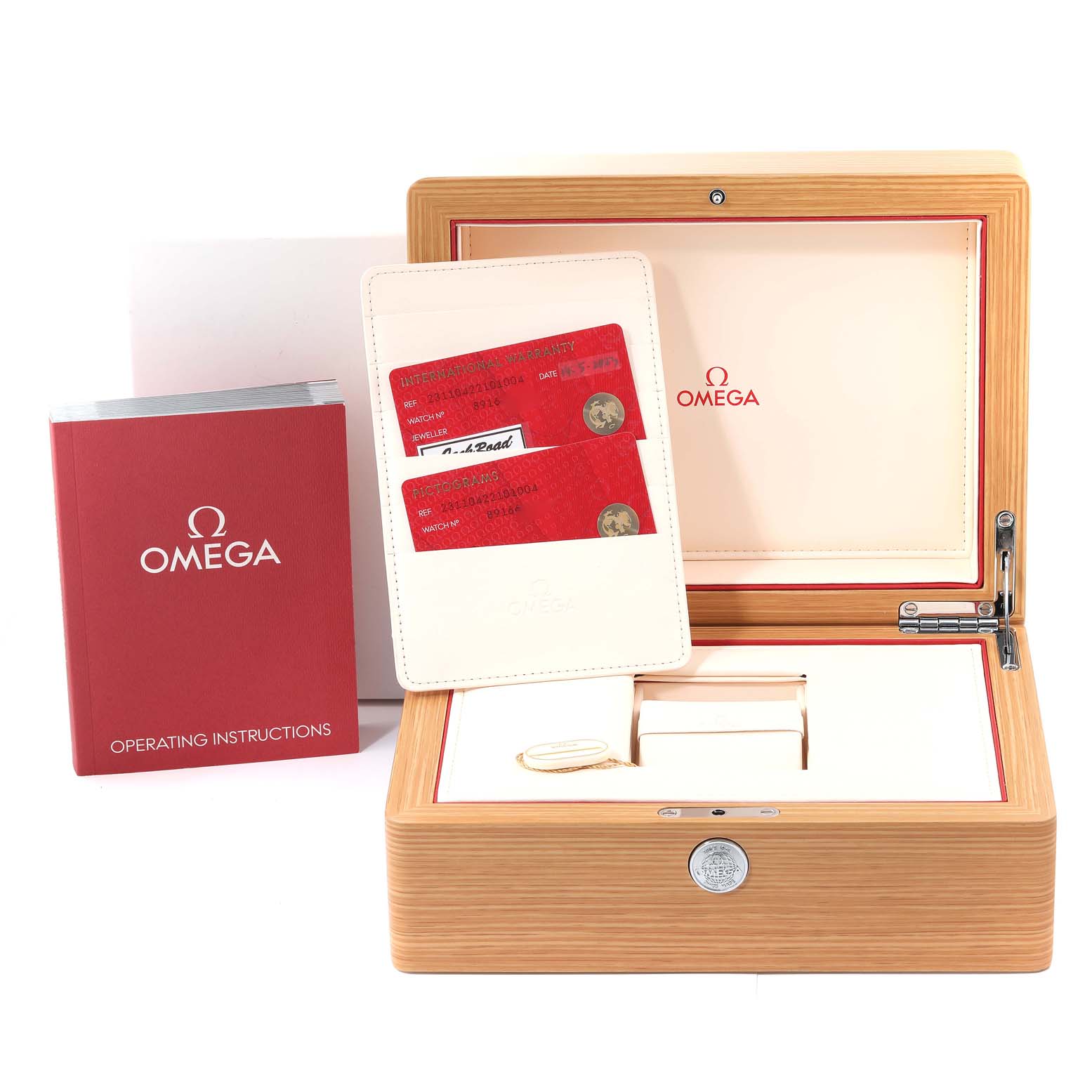 The image shows the Omega Aqua Terra 231.10.42.21.01.004 Men's Stainless Steel Black Dial 231.10.42.21.01.004 Men's Stainless Steel Black Dial watch box, operating instructions, warranty cards, and a small pouch.