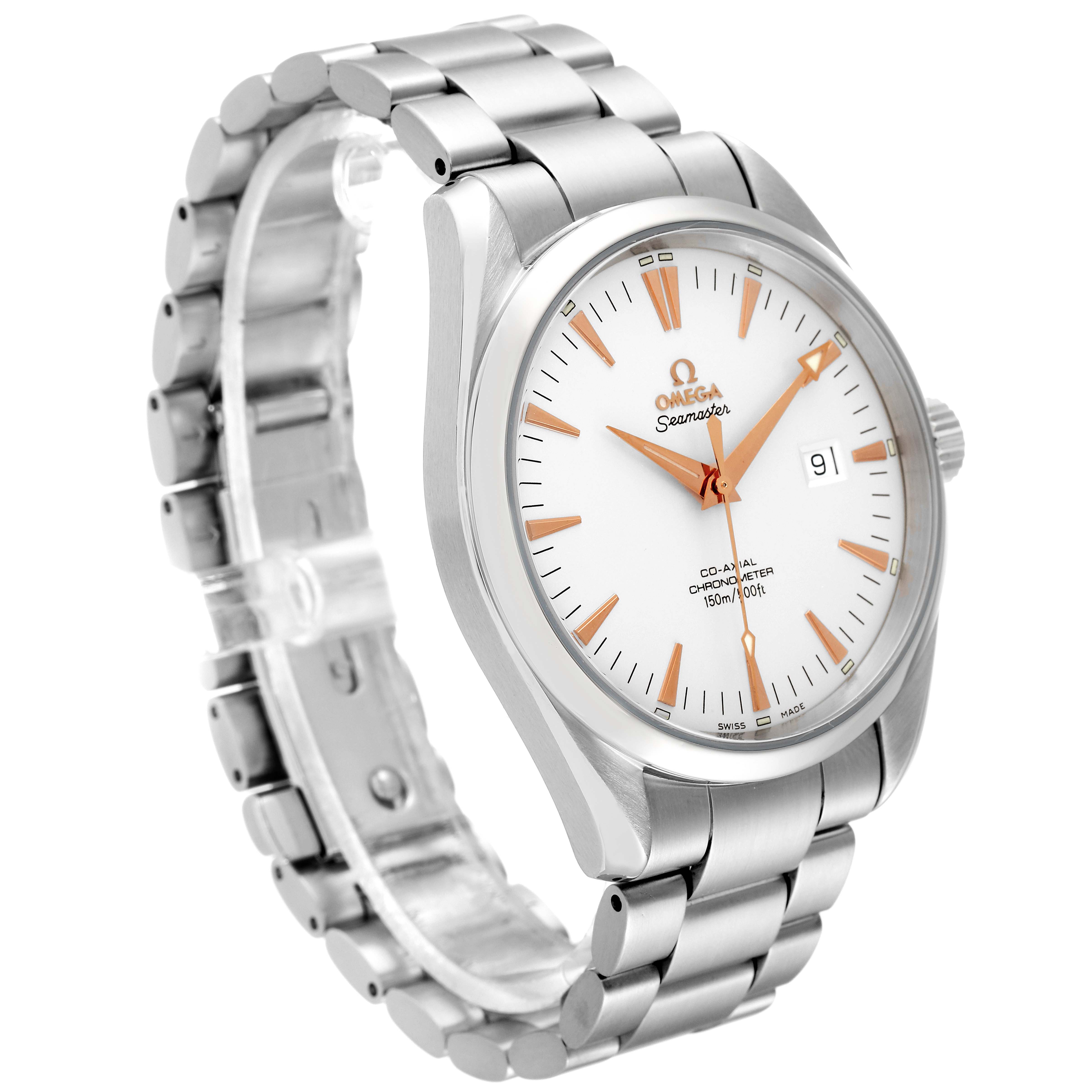 The Omega Aqua Terra 2502.34.00 Men
s Stainless Steel Silver Dial 2502.34.00 Men
s Stainless Steel Silver Dial watch is shown from a three-quarter side profile, highlighting its face, markers, and metal bracelet.