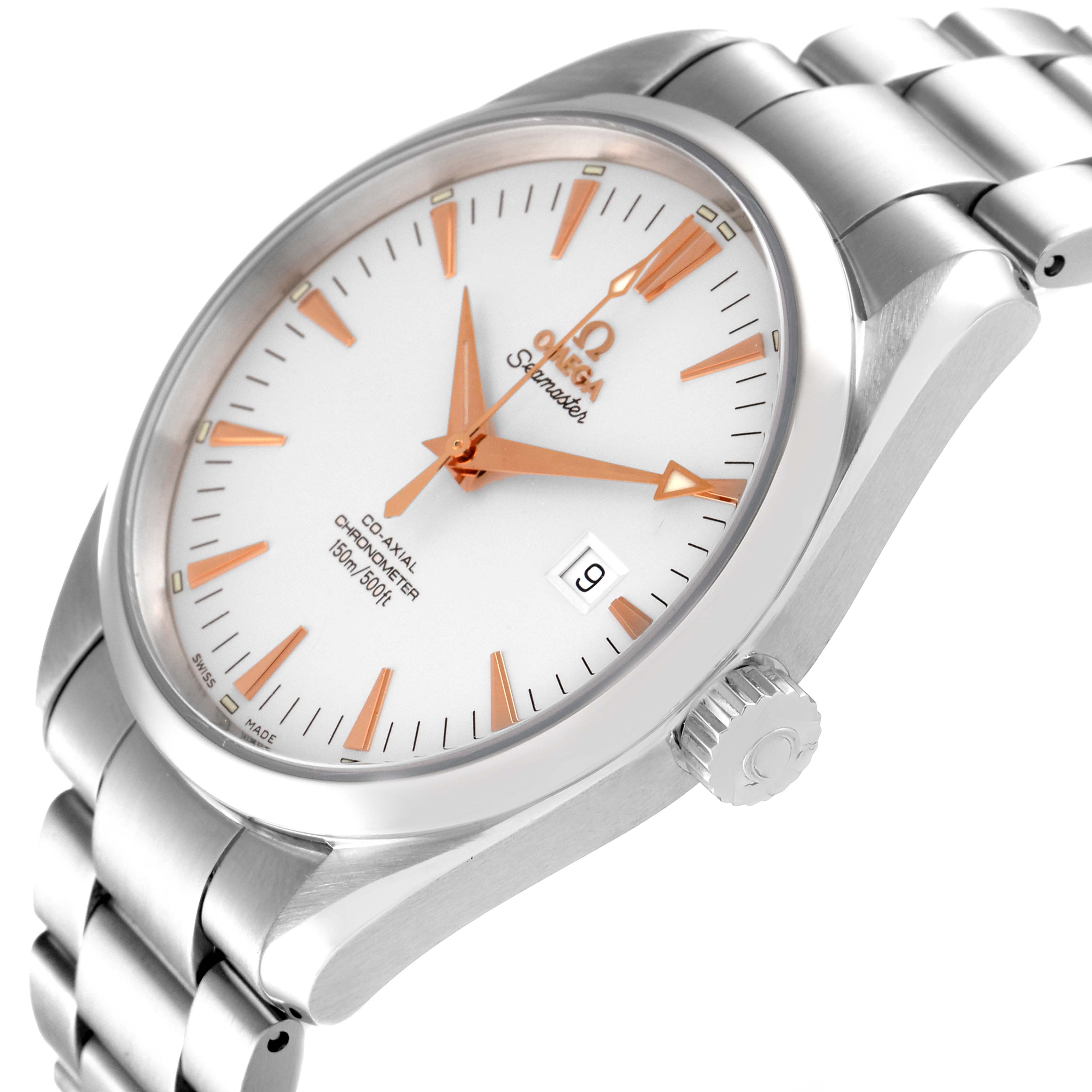 The Omega Aqua Terra 2502.34.00 Men
s Stainless Steel Silver Dial 2502.34.00 Men
s Stainless Steel Silver Dial watch is shown at a slight angle displaying the face, crown, and part of the bracelet.