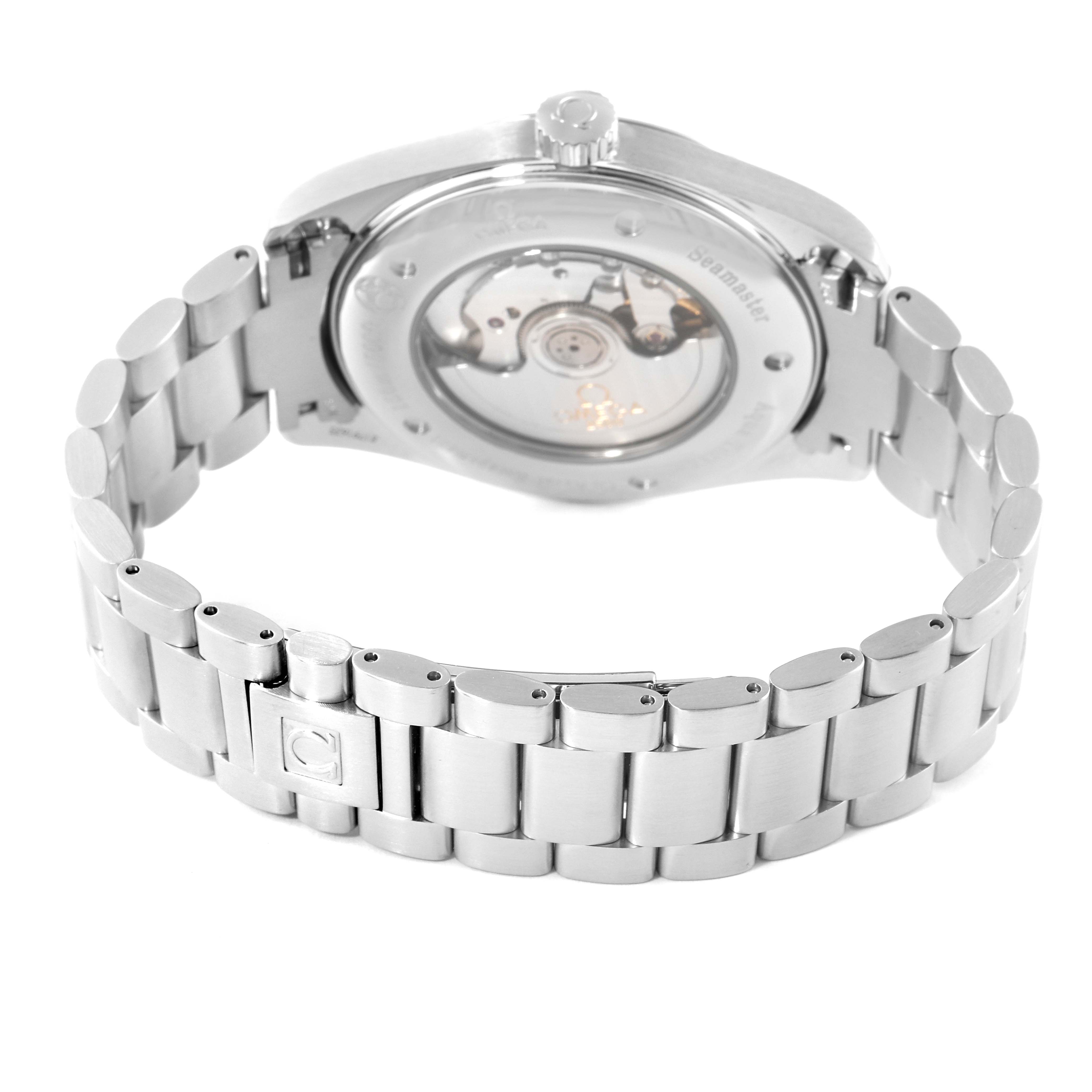 The image shows the back view of the Omega Aqua Terra 2502.34.00 Men
s Stainless Steel Silver Dial 2502.34.00 Men
s Stainless Steel Silver Dial watch, highlighting the stainless steel bracelet and the transparent case back with visible movement.