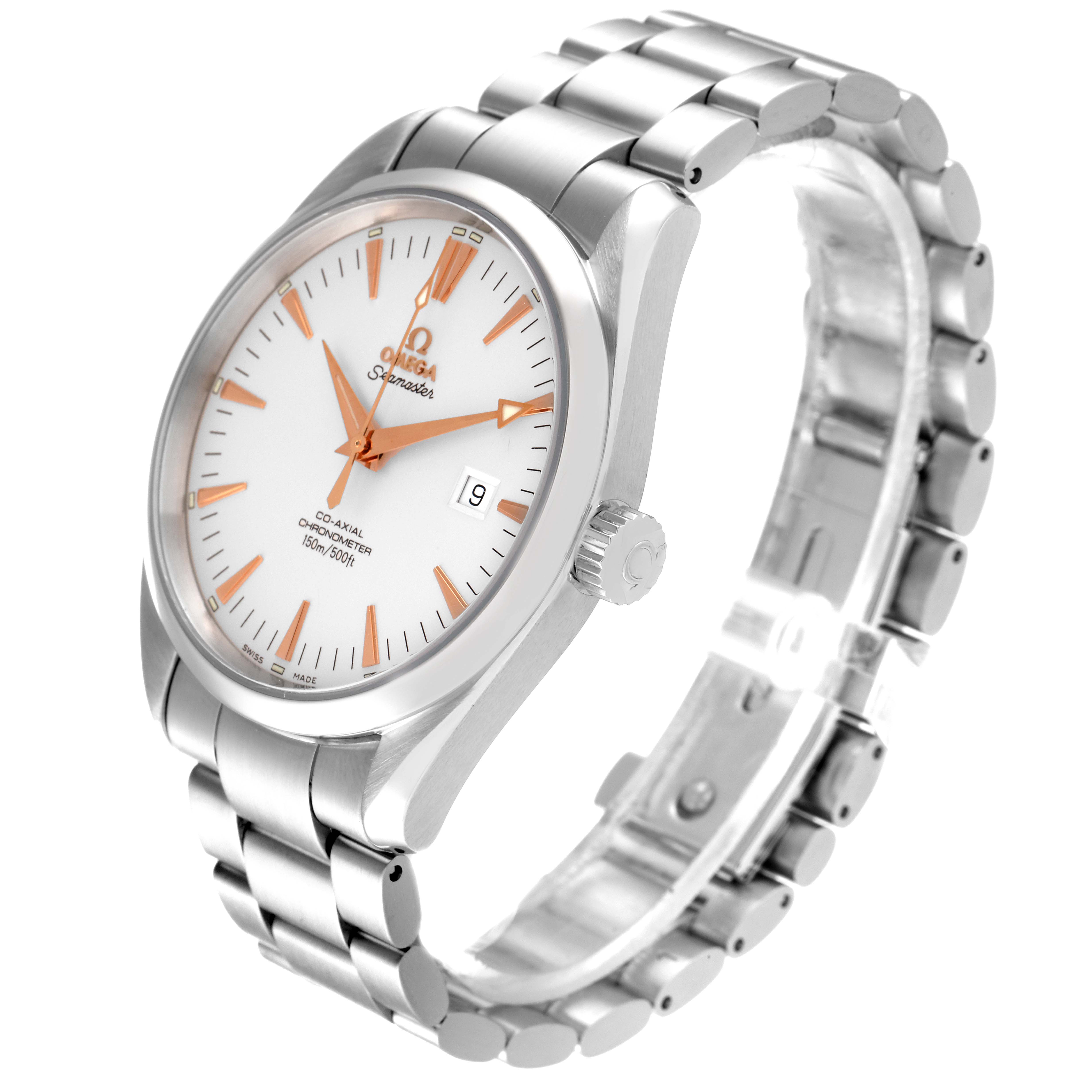 The image shows a side angle of an Omega Aqua Terra 2502.34.00 Men
s Stainless Steel Silver Dial 2502.34.00 Men
s Stainless Steel Silver Dial watch, highlighting its face, bezel, crown, and metal bracelet.