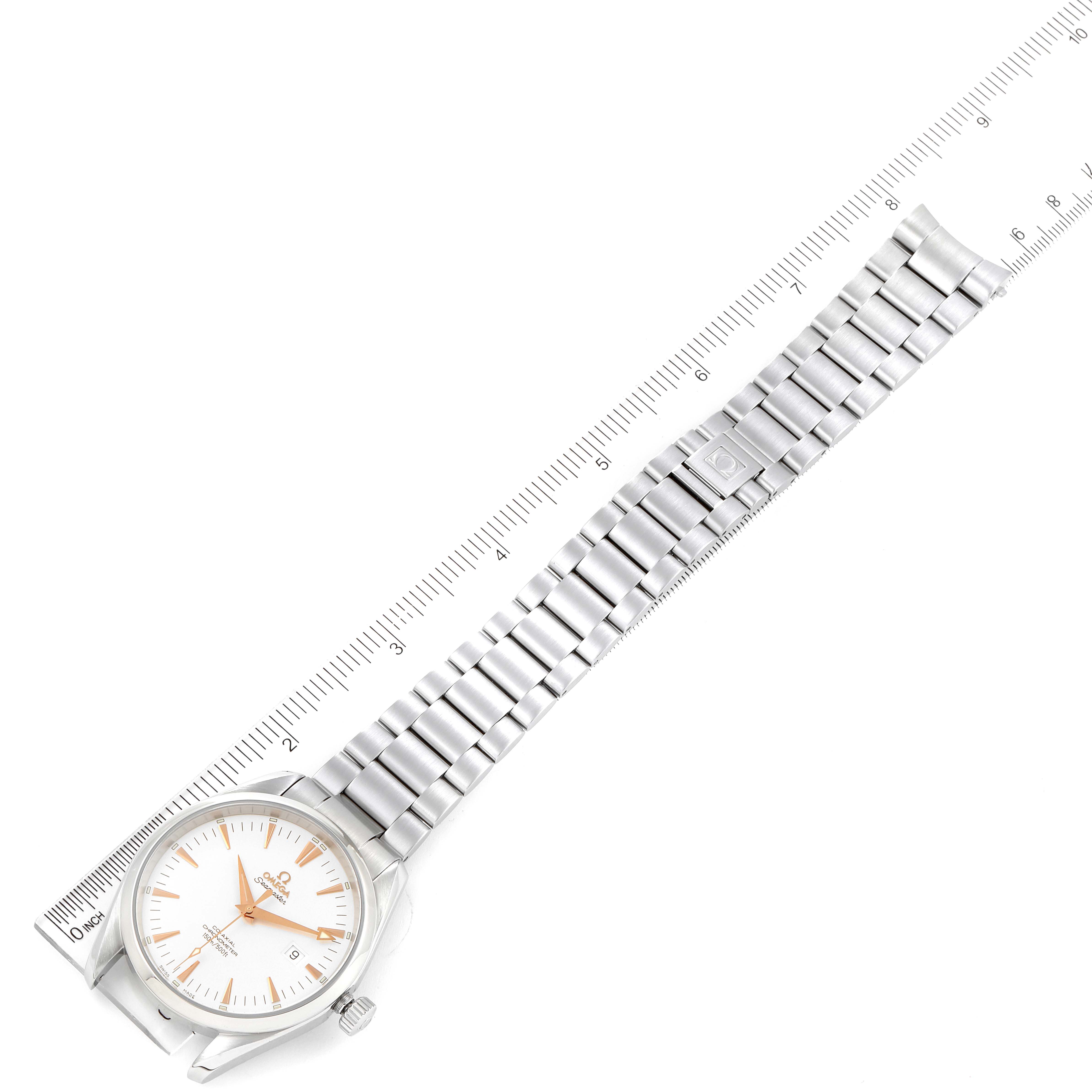 The Omega Aqua Terra 2502.34.00 Men
s Stainless Steel Silver Dial 2502.34.00 Men
s Stainless Steel Silver Dial watch is shown from a top-down angle, including the face, bezel, crown, and bracelet with a ruler overlay.