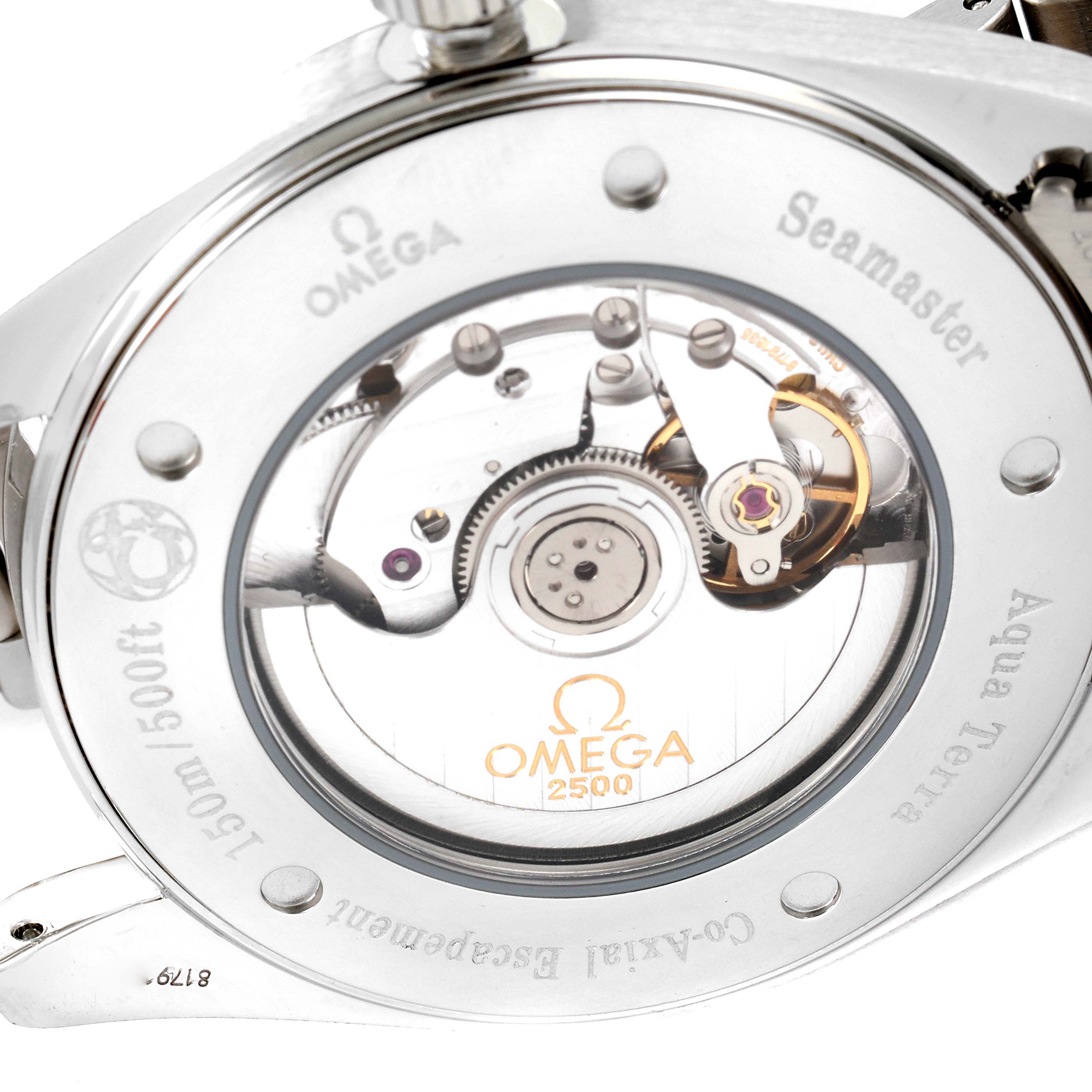 The image shows the caseback of the Omega Aqua Terra 2502.34.00 Men
s Stainless Steel Silver Dial 2502.34.00 Men
s Stainless Steel Silver Dial watch, revealing the movement and internal mechanism.
