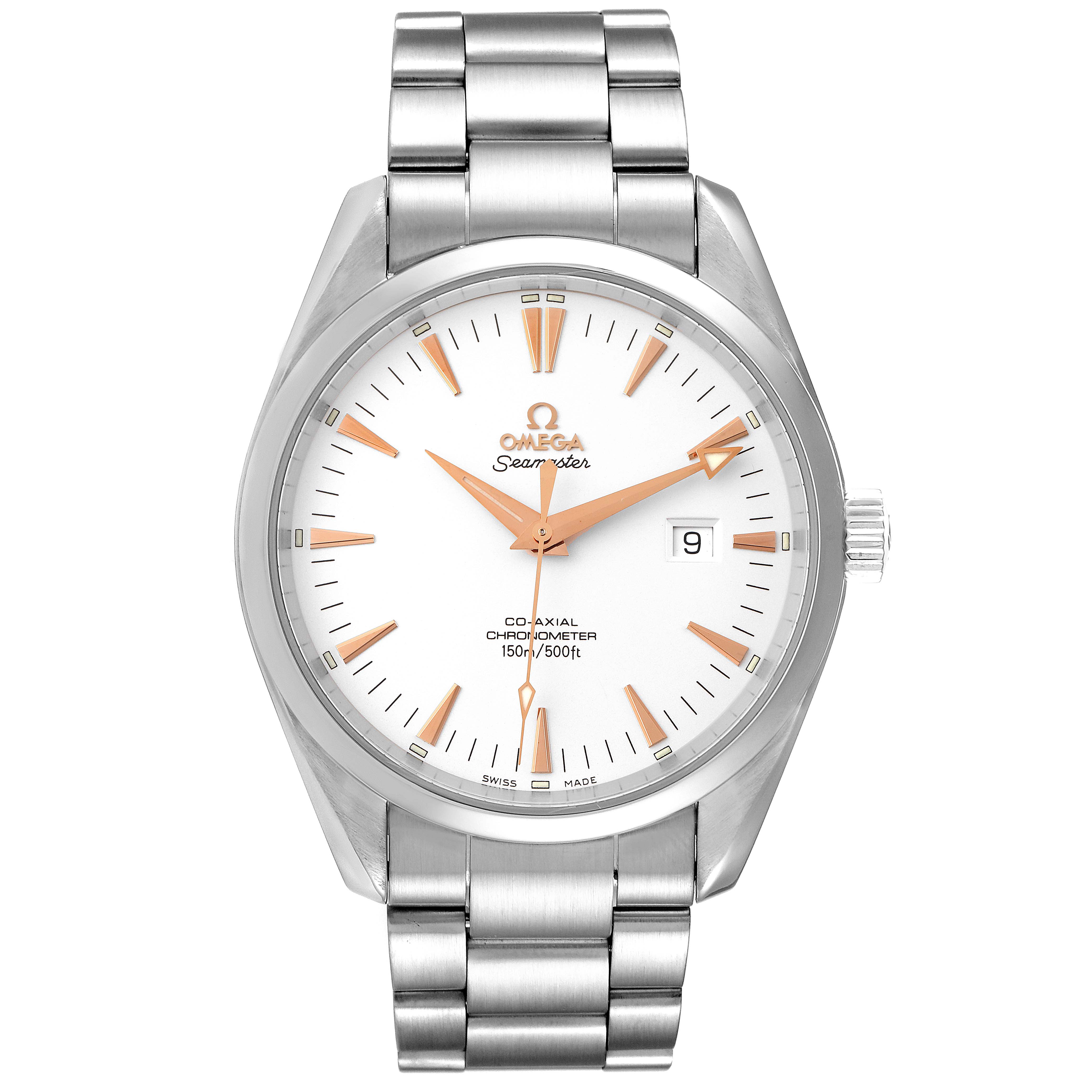 The image shows a front view of the Omega Aqua Terra 2502.34.00 Men
s Stainless Steel Silver Dial 2502.34.00 Men
s Stainless Steel Silver Dial Seamaster watch, displaying its dial, hands, date window, case, and bracelet.