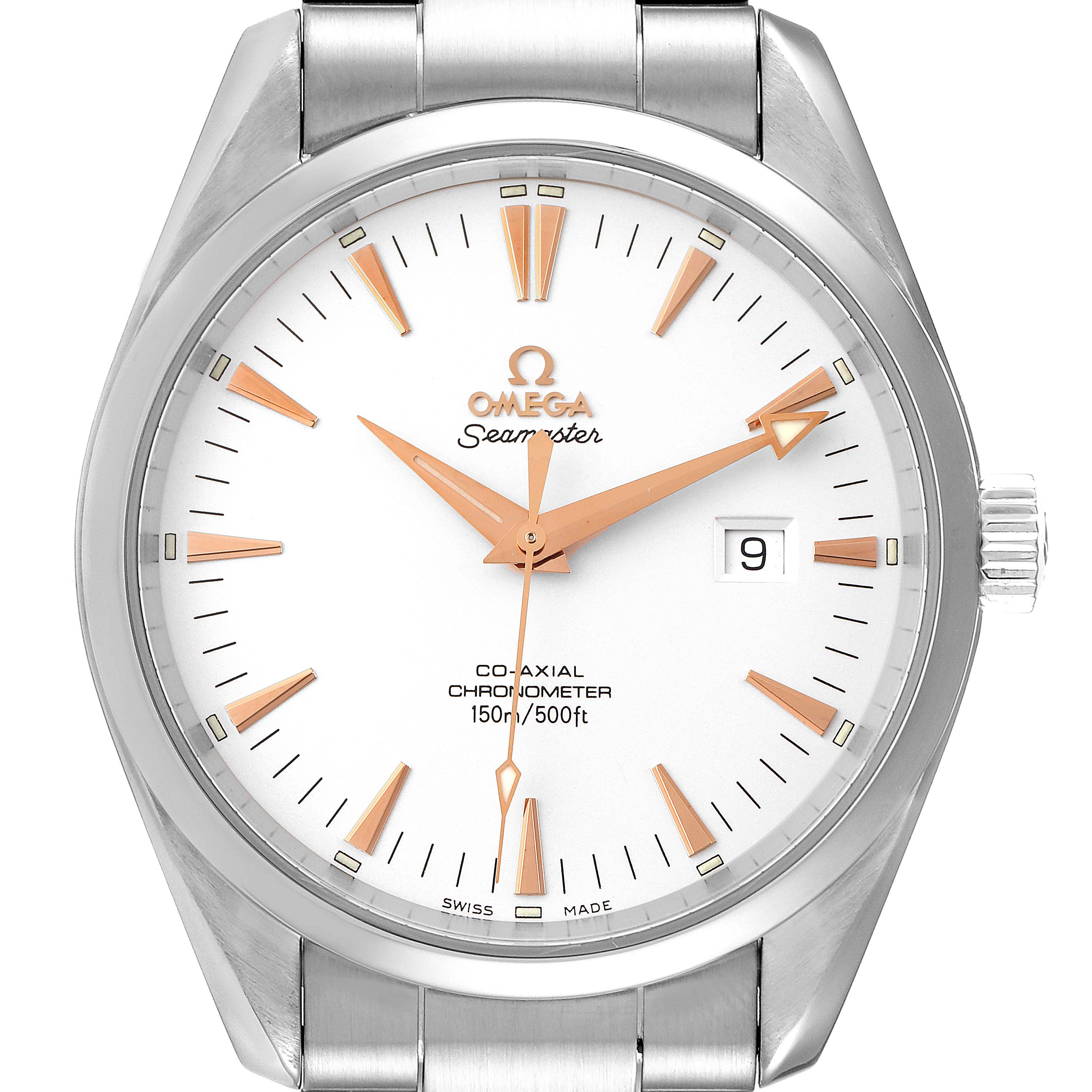 The Omega Aqua Terra 2502.34.00 Men
s Stainless Steel Silver Dial 2502.34.00 Men
s Stainless Steel Silver Dial watch is shown from a front angle, displaying its face, hands, markers, crown, and part of the bracelet.
