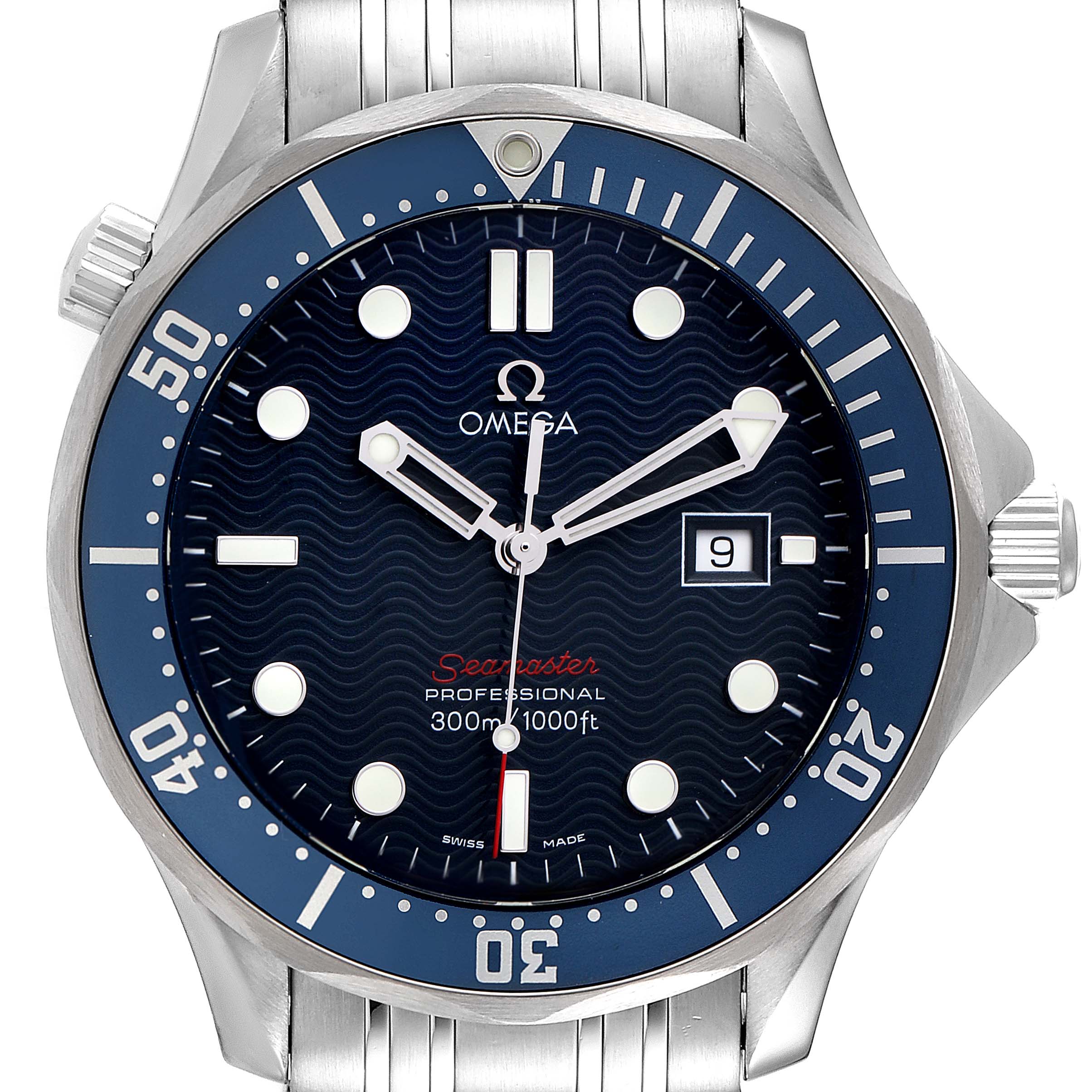 This image shows a front view of the Omega Seamaster 2221.80.00 Men's Stainless Steel Blue Dial 2221.80.00 Men's Stainless Steel Blue Dial watch, highlighting the dial, bezel, hands, and crown.