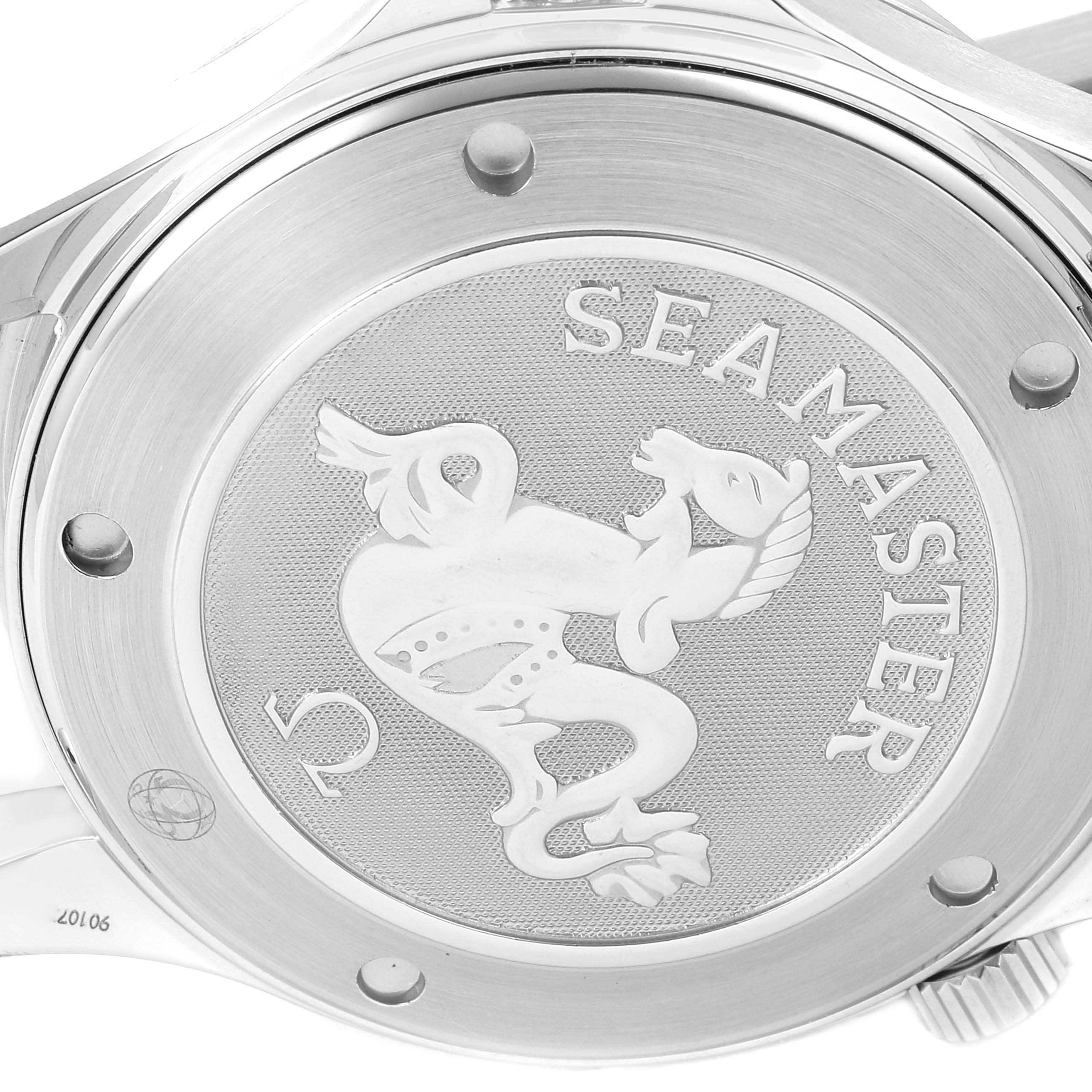 The image shows the back case of an Omega Seamaster 2221.80.00 Men's Stainless Steel Blue Dial 2221.80.00 Men's Stainless Steel Blue Dial watch, featuring its logo and engraving.