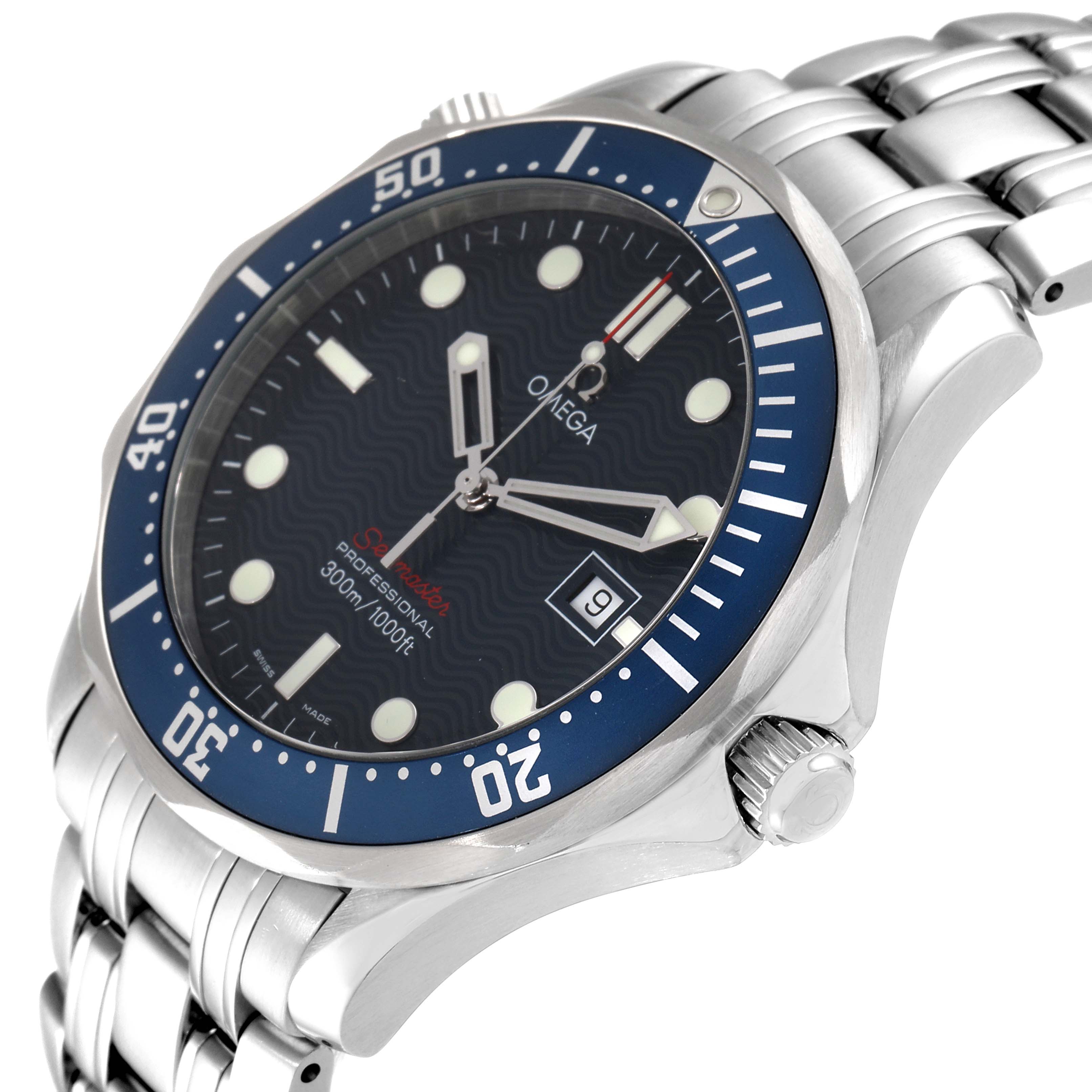 The image shows a side angle of an Omega Seamaster 2221.80.00 Men's Stainless Steel Blue Dial 2221.80.00 Men's Stainless Steel Blue Dial watch, highlighting the dial, bezel, crown, and stainless steel bracelet.