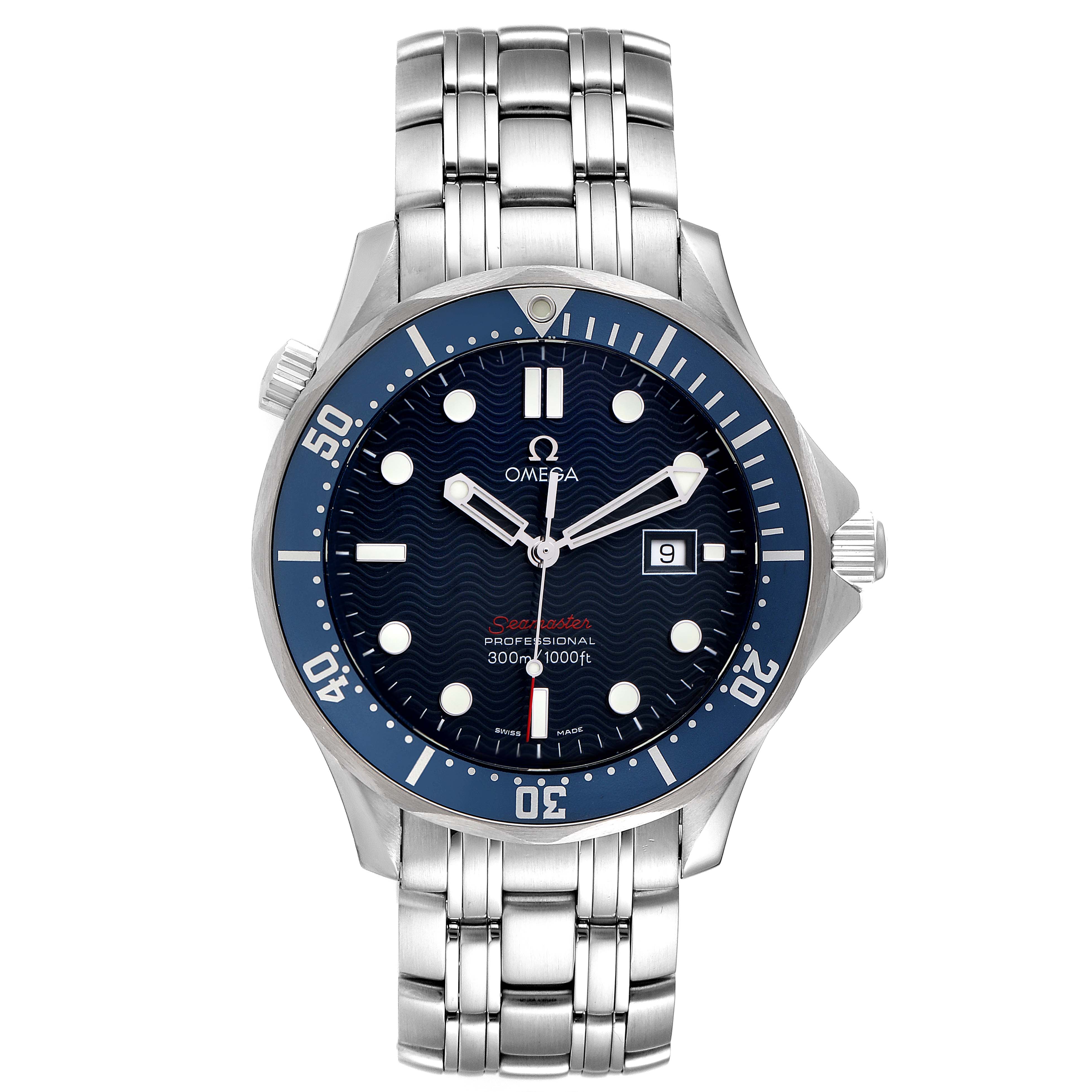 The Omega Seamaster 2221.80.00 Men's Stainless Steel Blue Dial 2221.80.00 Men's Stainless Steel Blue Dial watch is shown from a frontal angle, displaying the face, bracelet, bezel, and crown.