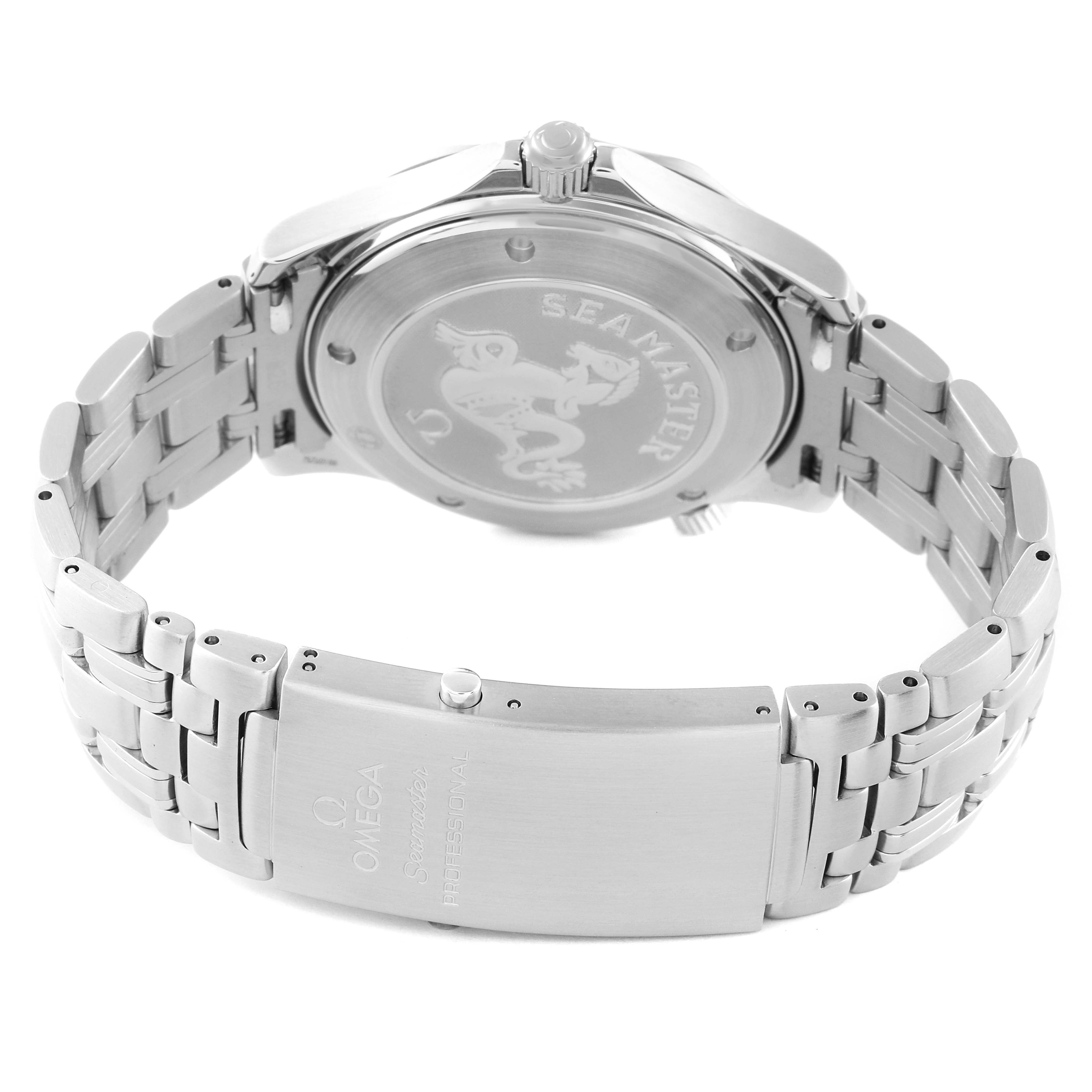 The image shows the back and clasp of the Omega Seamaster 2221.80.00 Men's Stainless Steel Blue Dial 2221.80.00 Men's Stainless Steel Blue Dial watch, emphasizing the engraved case back and stainless steel bracelet.