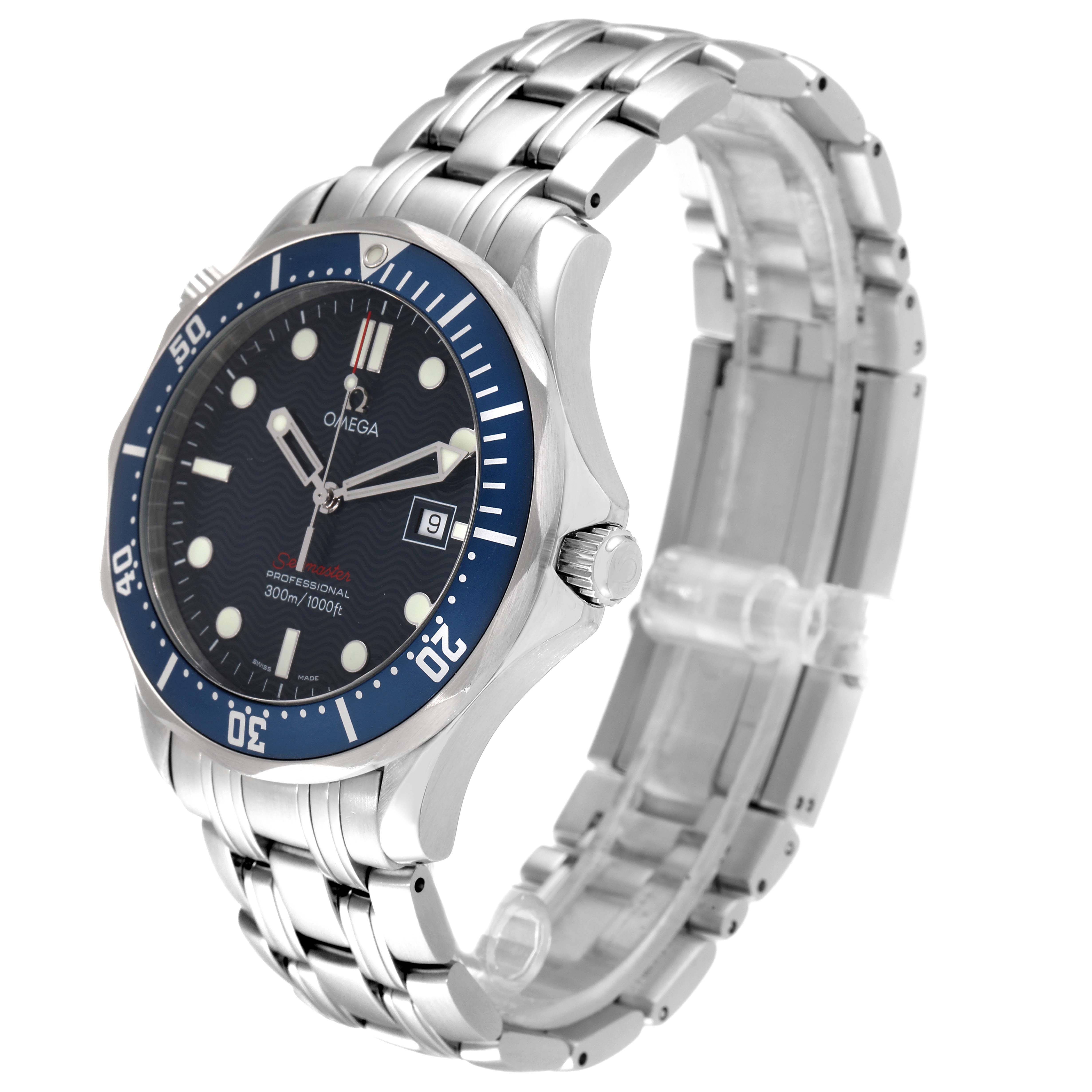 The Omega Seamaster 2221.80.00 Men's Stainless Steel Blue Dial 2221.80.00 Men's Stainless Steel Blue Dial watch is shown from an angled view highlighting the dial, bezel, and partially open metal bracelet.