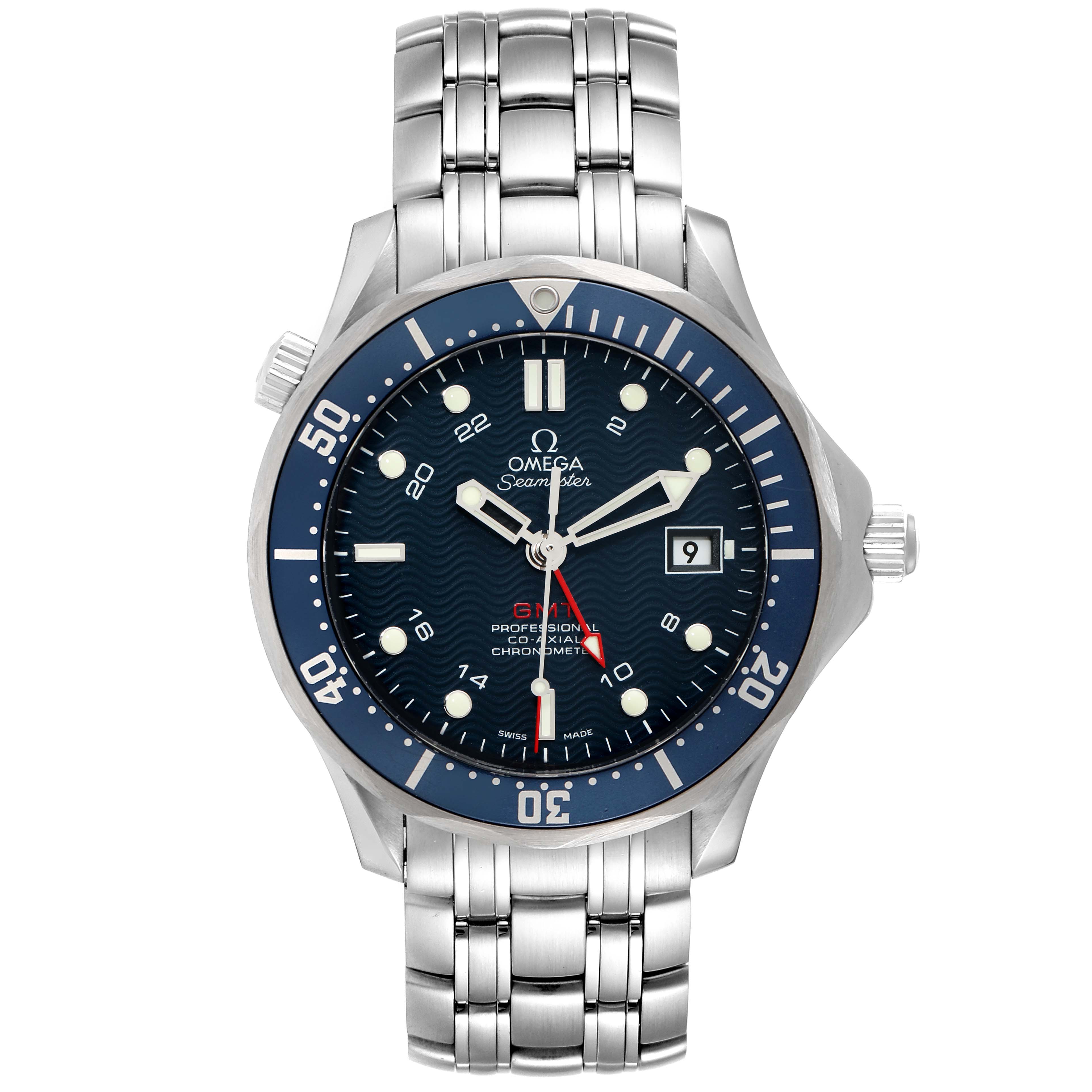 The Omega Seamaster 2535.80.00 Men's Stainless Steel Blue Dial 2535.80.00 Men's Stainless Steel Blue Dial watch is shown from the front, displaying its dial, bezel, bracelet, and crown.