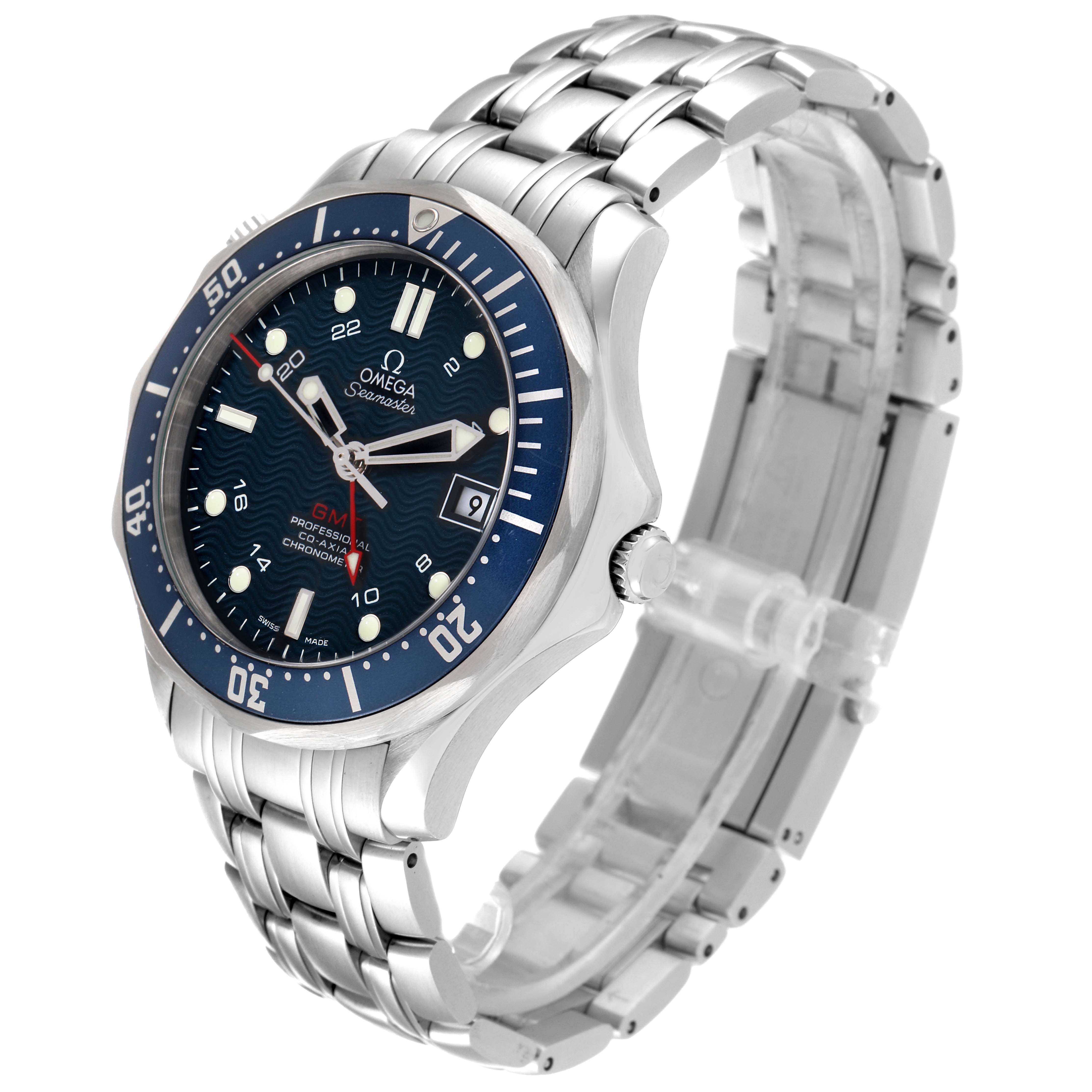 The Omega Seamaster 2535.80.00 Men's Stainless Steel Blue Dial 2535.80.00 Men's Stainless Steel Blue Dial watch is shown at a slight angle, featuring the face, bezel, and bracelet.