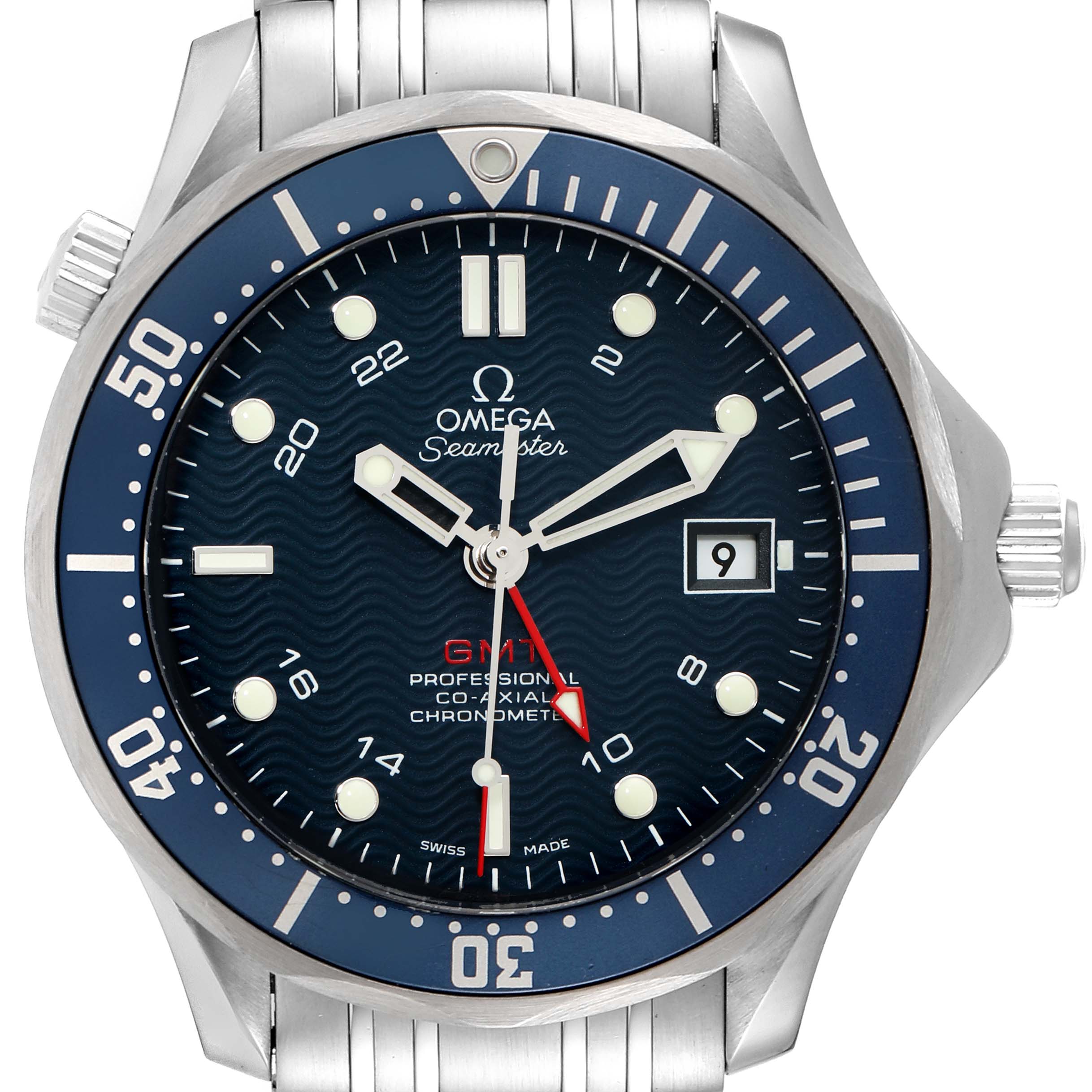 This image shows the front view of the Omega Seamaster 2535.80.00 Men's Stainless Steel Blue Dial 2535.80.00 Men's Stainless Steel Blue Dial watch, highlighting the dial, bezel, and part of the bracelet.