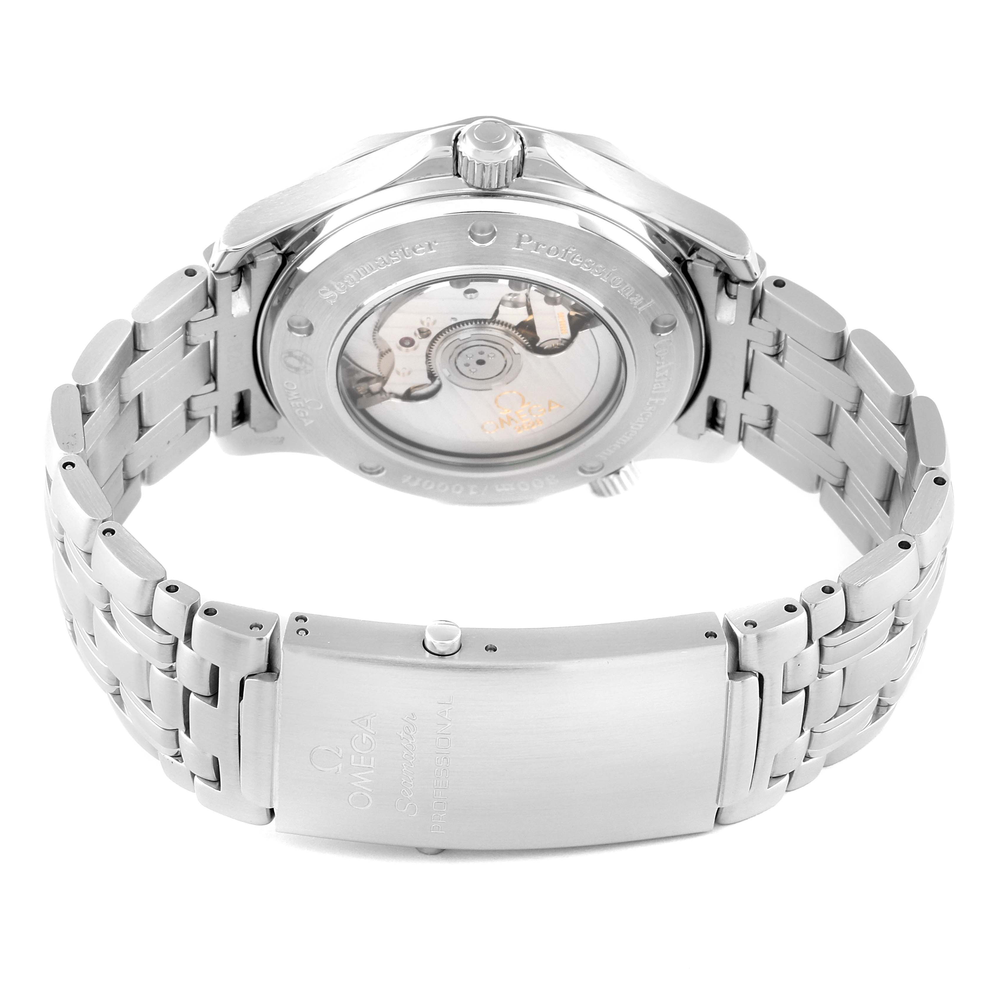 The image shows the back view, bracelet, and clasp of an Omega Seamaster 2535.80.00 Men's Stainless Steel Blue Dial 2535.80.00 Men's Stainless Steel Blue Dial watch, revealing its mechanical movement through a transparent case back.