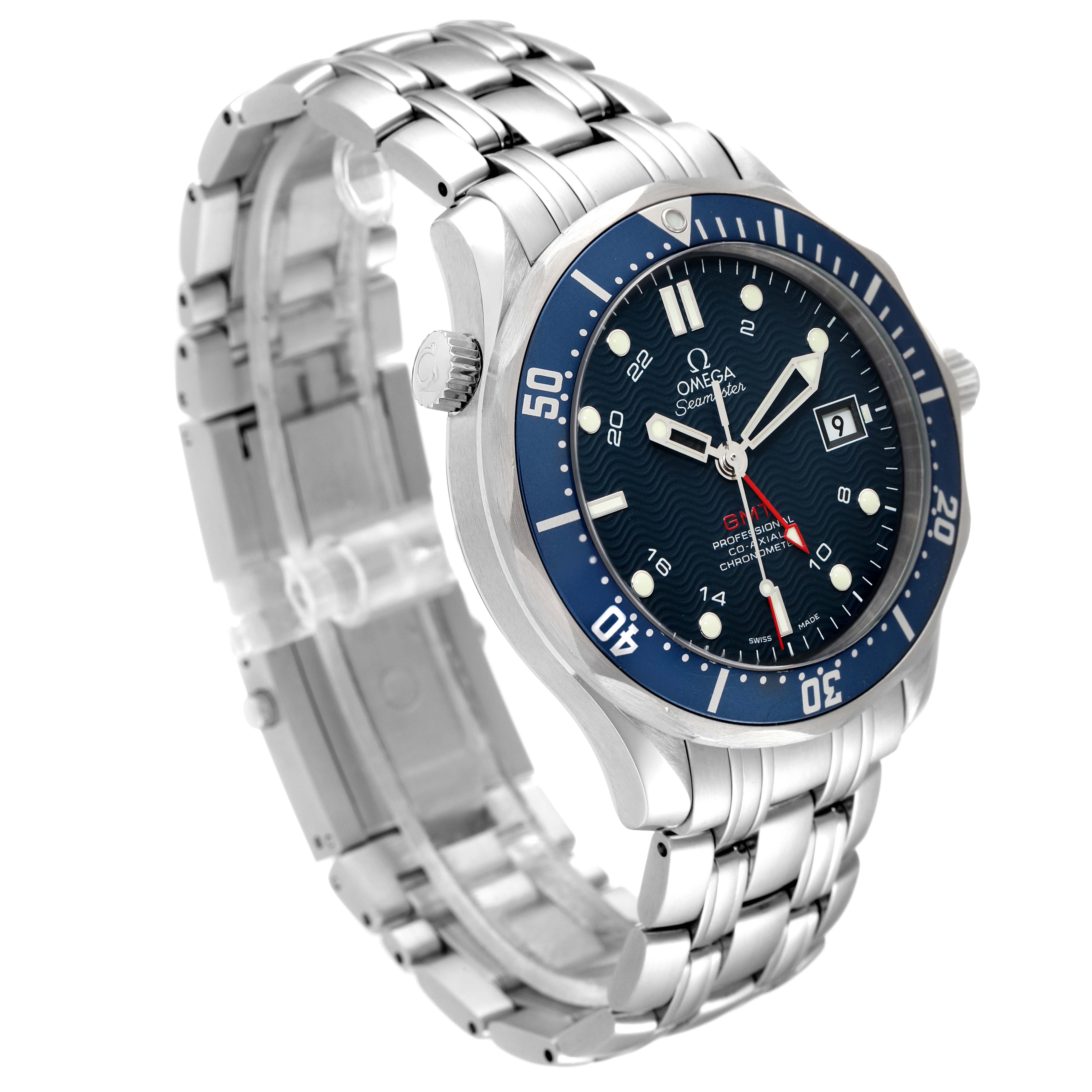 The Omega Seamaster 2535.80.00 Men's Stainless Steel Blue Dial 2535.80.00 Men's Stainless Steel Blue Dial watch is shown at a three-quarter angle, highlighting the face, bezel, crown, and metal bracelet.