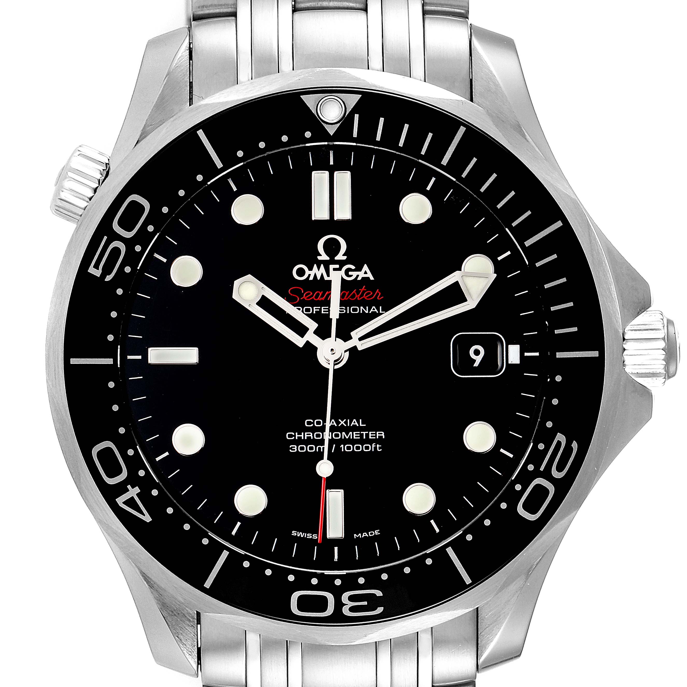 The image shows the front view of the Omega Seamaster 212.30.41.20.01.003 Men's Stainless Steel Black Dial 212.30.41.20.01.003 Men's Stainless Steel Black Dial watch, highlighting its dial, bezel, and part of the metal bracelet.