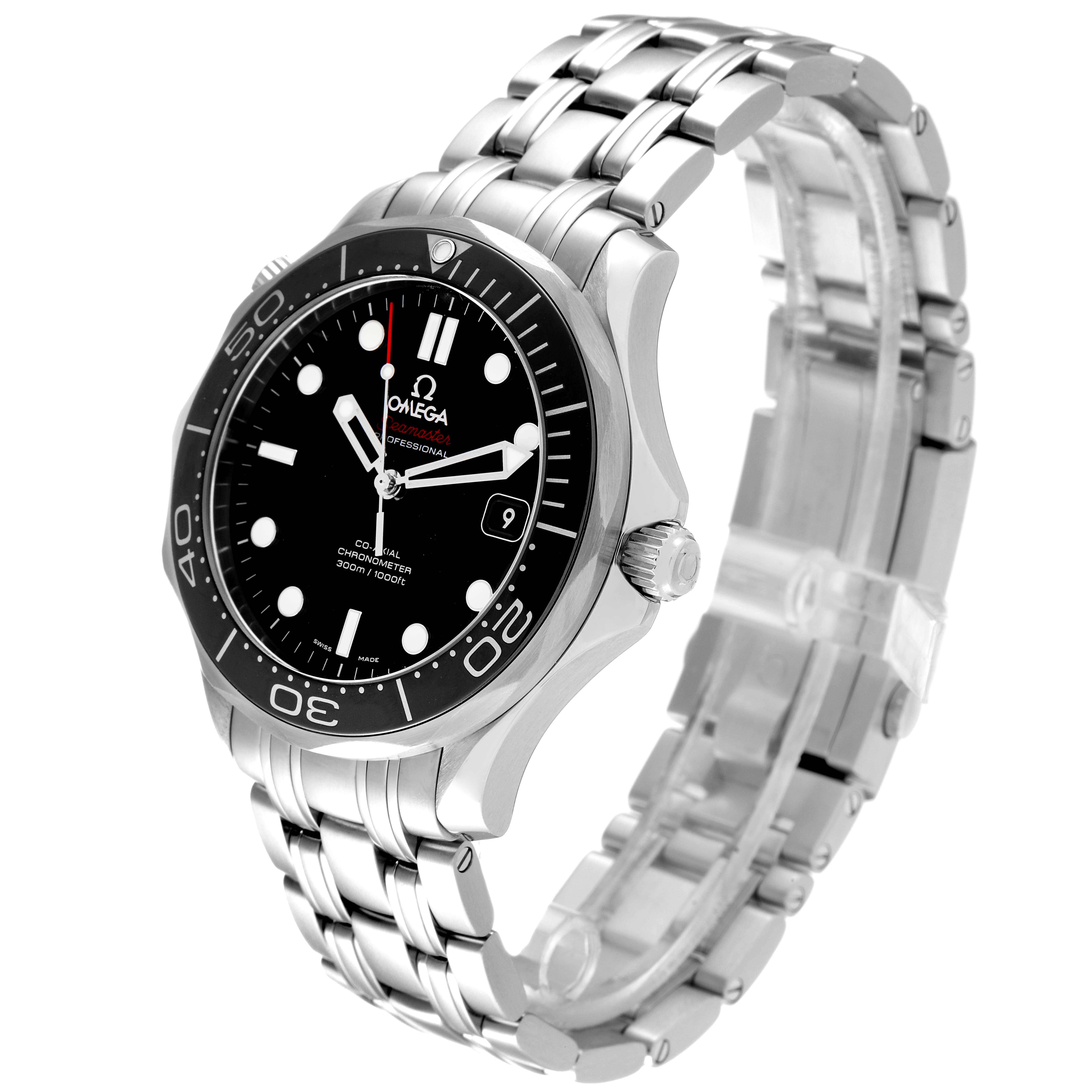 The Omega Seamaster 212.30.41.20.01.003 Men's Stainless Steel Black Dial 212.30.41.20.01.003 Men's Stainless Steel Black Dial watch is shown at an angle highlighting the black dial, bezel, crown, and stainless steel bracelet.